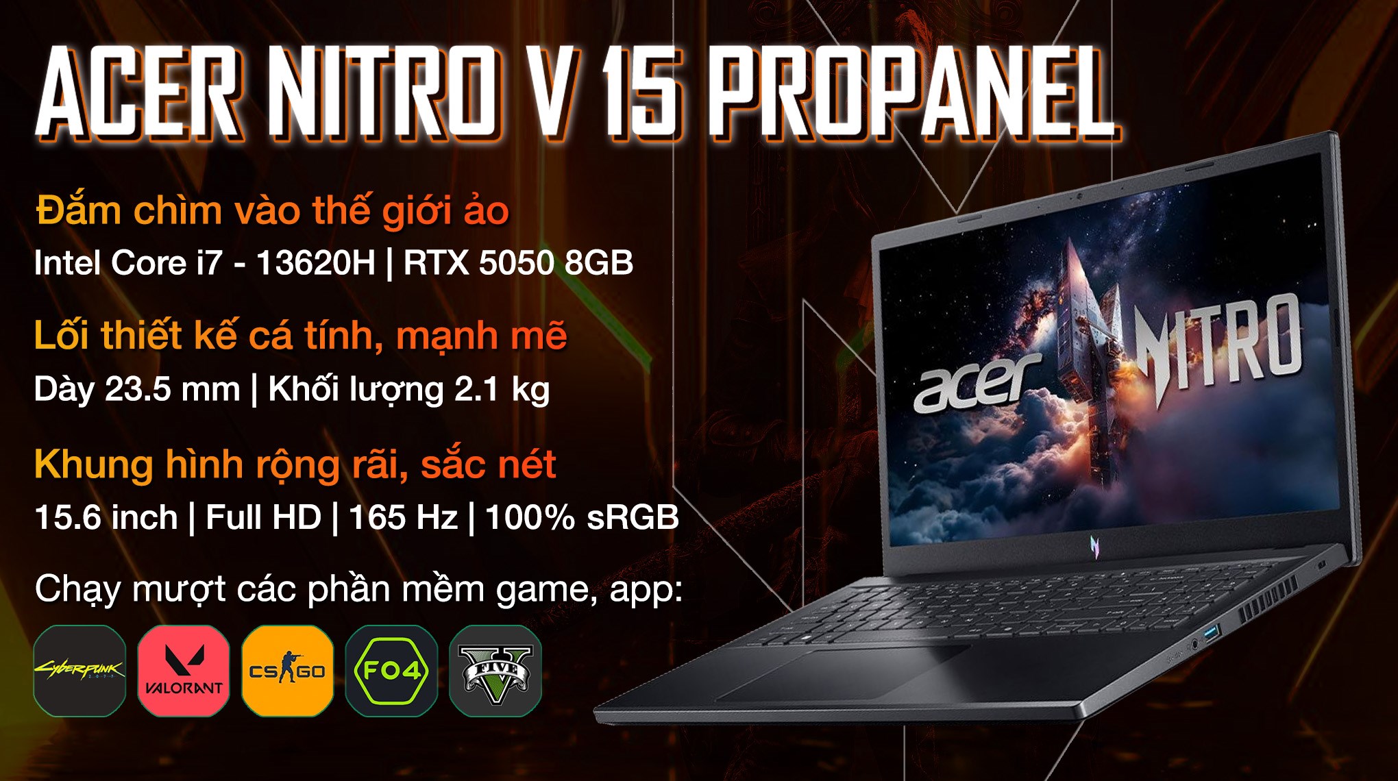 Laptop Acer Gaming Nitro V 15 ProPanel ANV15 52 72BM - NH.QZ9SV.004 (i7 13620H, 16GB, 512GB, RTX5050 8GB, Full HD 180Hz, Win11)