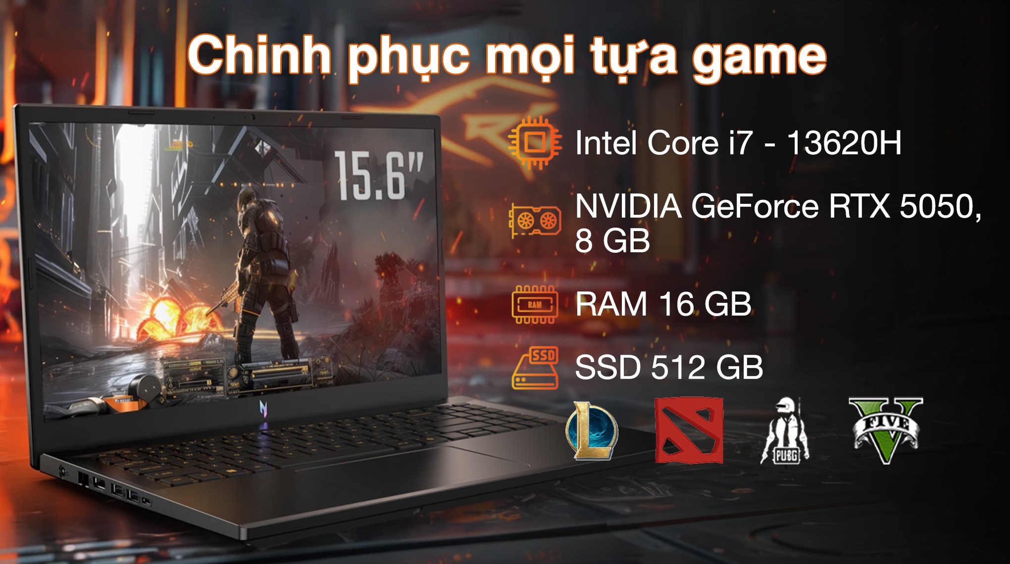 Laptop Acer Gaming Nitro V 15 ProPanel ANV15 52 72BM - NH.QZ9SV.004 (i7 13620H, 16GB, 512GB, RTX5050 8GB, Full HD 180Hz, Win11)