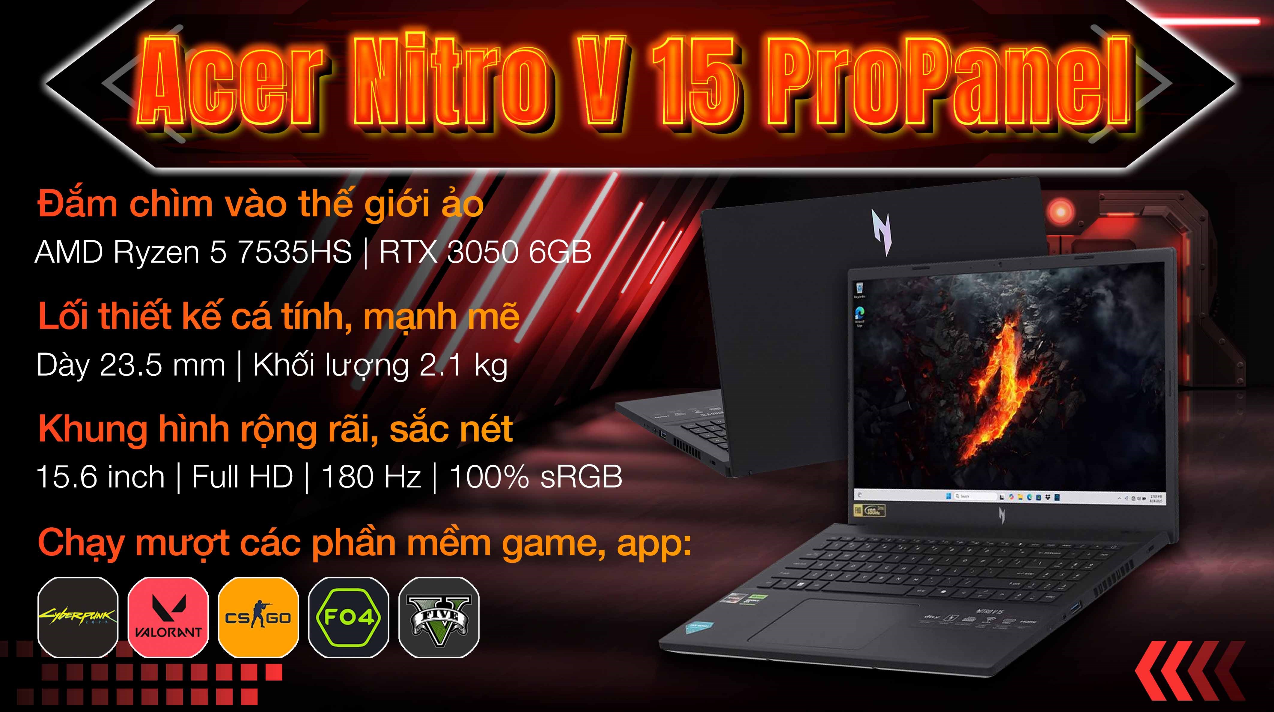 Laptop Acer Gaming Nitro V 15 ProPanel ANV15 41 R9M1 - NH.QPFSV.004 (R5 7535HS, 16GB, 512GB, RTX3050 6GB, Full HD 180Hz, Win11)