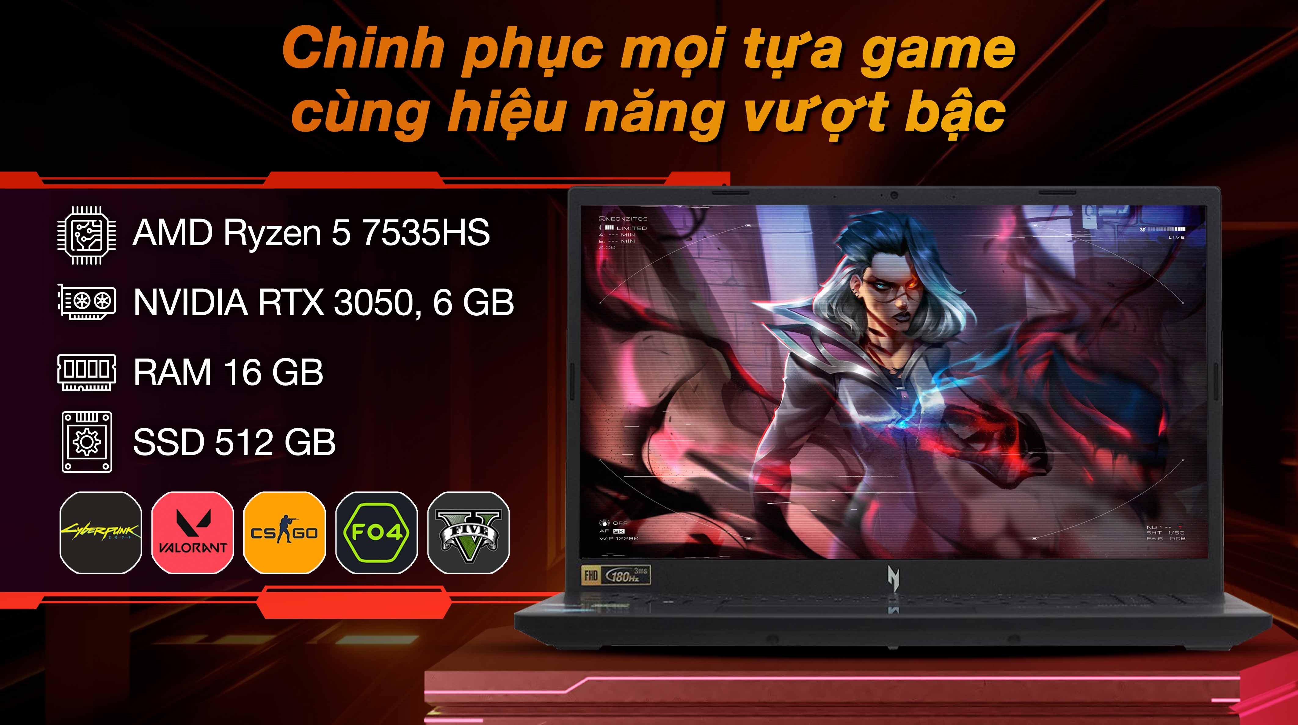 Laptop Acer Gaming Nitro V 15 ProPanel ANV15 41 R9M1 - NH.QPFSV.004 (R5 7535HS, 16GB, 512GB, RTX3050 6GB, Full HD 180Hz, Win11)