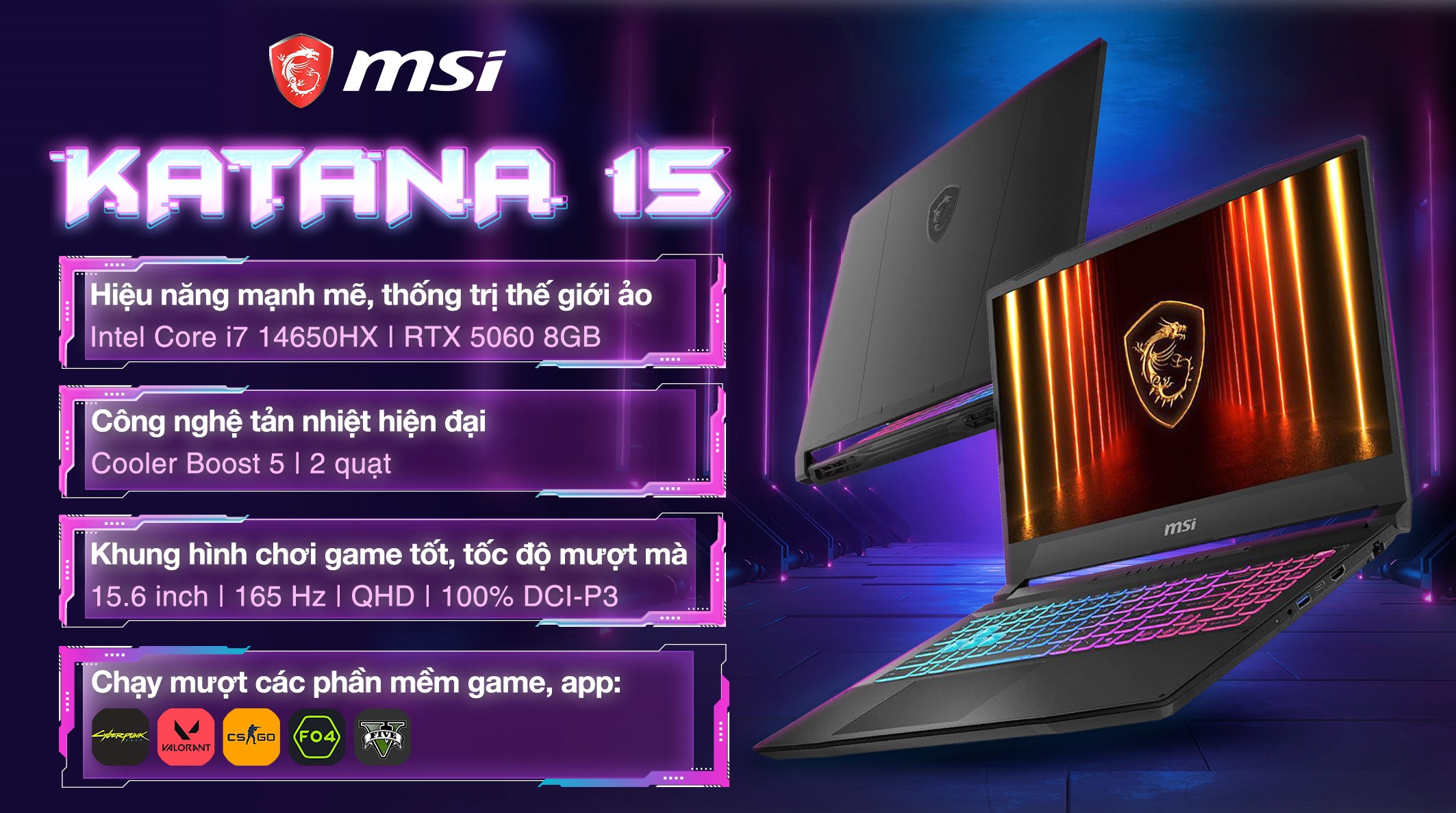 Laptop MSI Gaming Katana 15 HX B14WFK - 267VN (i7 14650HX, 32GB, 512GB, RTX5060 8GB, QHD 165Hz, Win11)