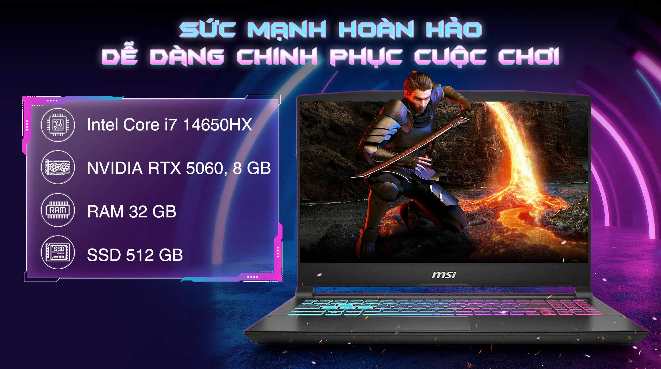 Laptop MSI Gaming Katana 15 HX B14WFK - 267VN (i7 14650HX, 32GB, 512GB, RTX5060 8GB, QHD 165Hz, Win11)