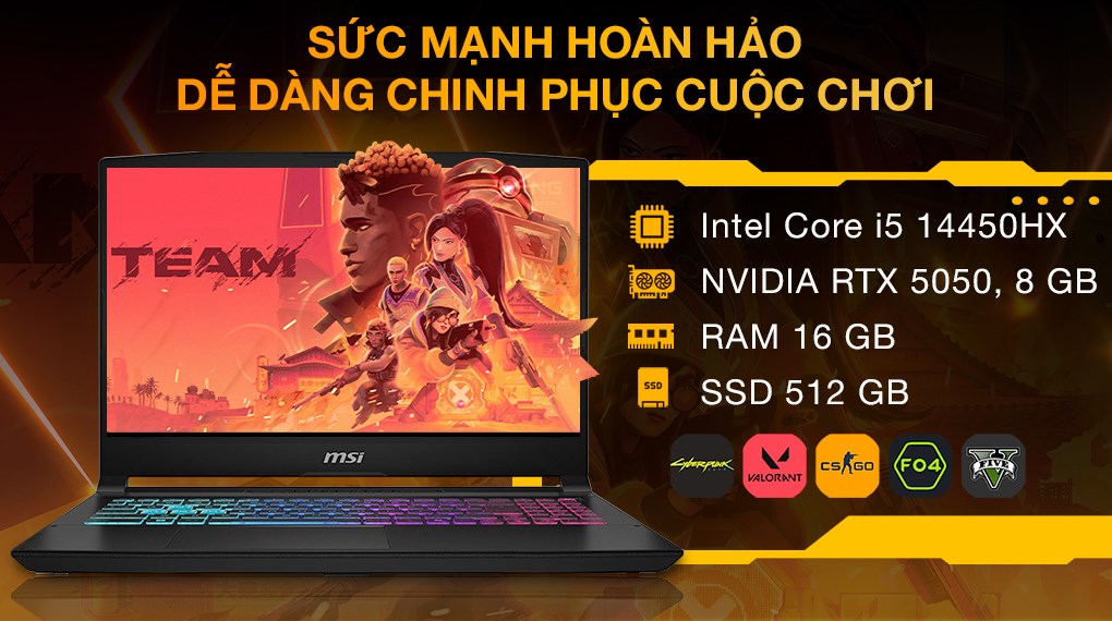 Laptop MSI Gaming Katana 15 HX B14WEK - 286VN (i5 14450HX, 16GB, 512GB, RTX5050 8GB, QHD 165Hz, Win11)