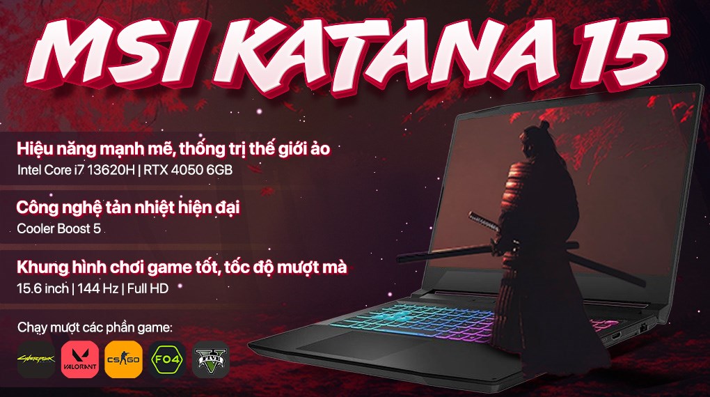 Laptop MSI Katana 15 B13VEK - 2256VN (i7 13620H, 16GB, 512GB, RTX4050 6GB, Full HD 144Hz, Win11)