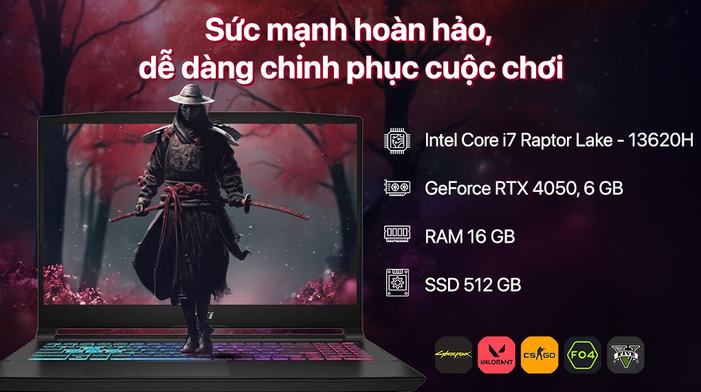 Laptop MSI Gaming Katana 15 B13VEK - 2256VN (i7 13620H, 16GB, 512GB, RTX4050 6GB, Full HD 144Hz, Win11)