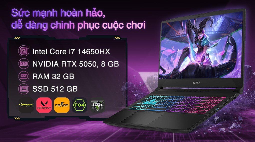 Laptop MSI Gaming Katana 15 HX B14WEK - 027VN (i7 14650HX, 32GB, 512GB, RTX5050 8GB, QHD 165Hz, Win11)