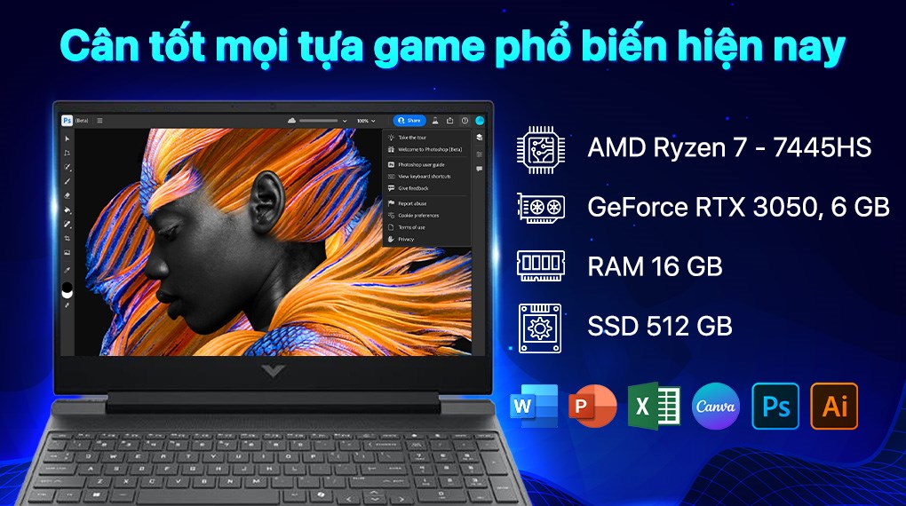 Laptop HP Gaming VICTUS 15 fb3116AX - BX8U4PA (R7 7445HS, 16GB, 512GB, RTX3050 6GB, Full HD 144Hz, Win11)