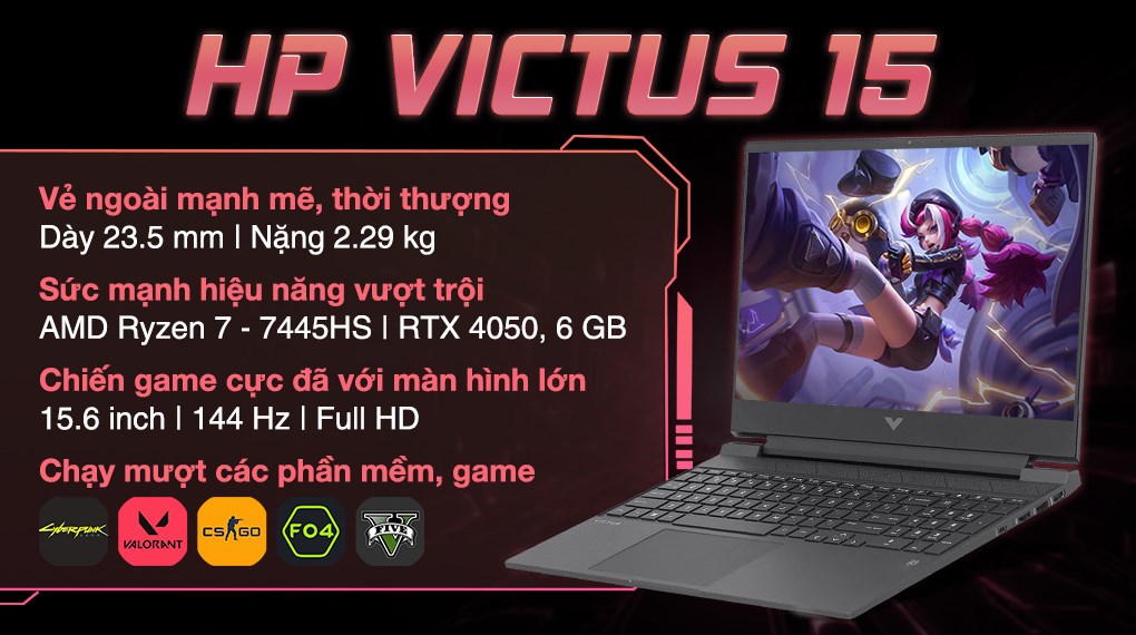 Laptop HP VICTUS 15 fb3115AX - BX9C9PA (R7 7445HS, 16GB, 512GB, RTX4050 6GB, Full HD 144Hz, Win11)