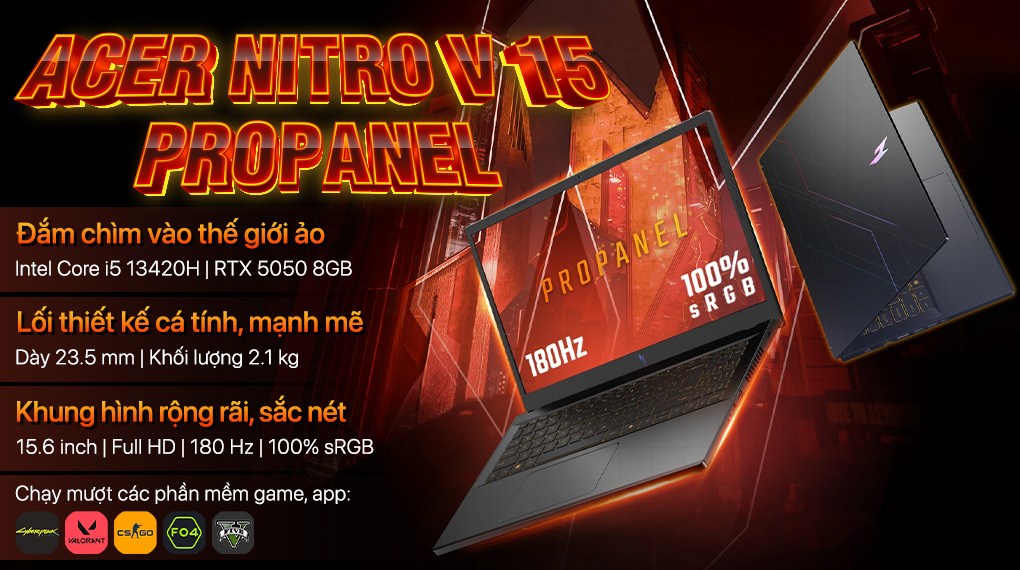 Laptop Acer Gaming Nitro V 15 ProPanel ANV15 52 59AA - NH.QZ9SV.002 (i5 13420H, 16GB, 512GB, RTX 5050 8GB, Full HD 180Hz, Win11)