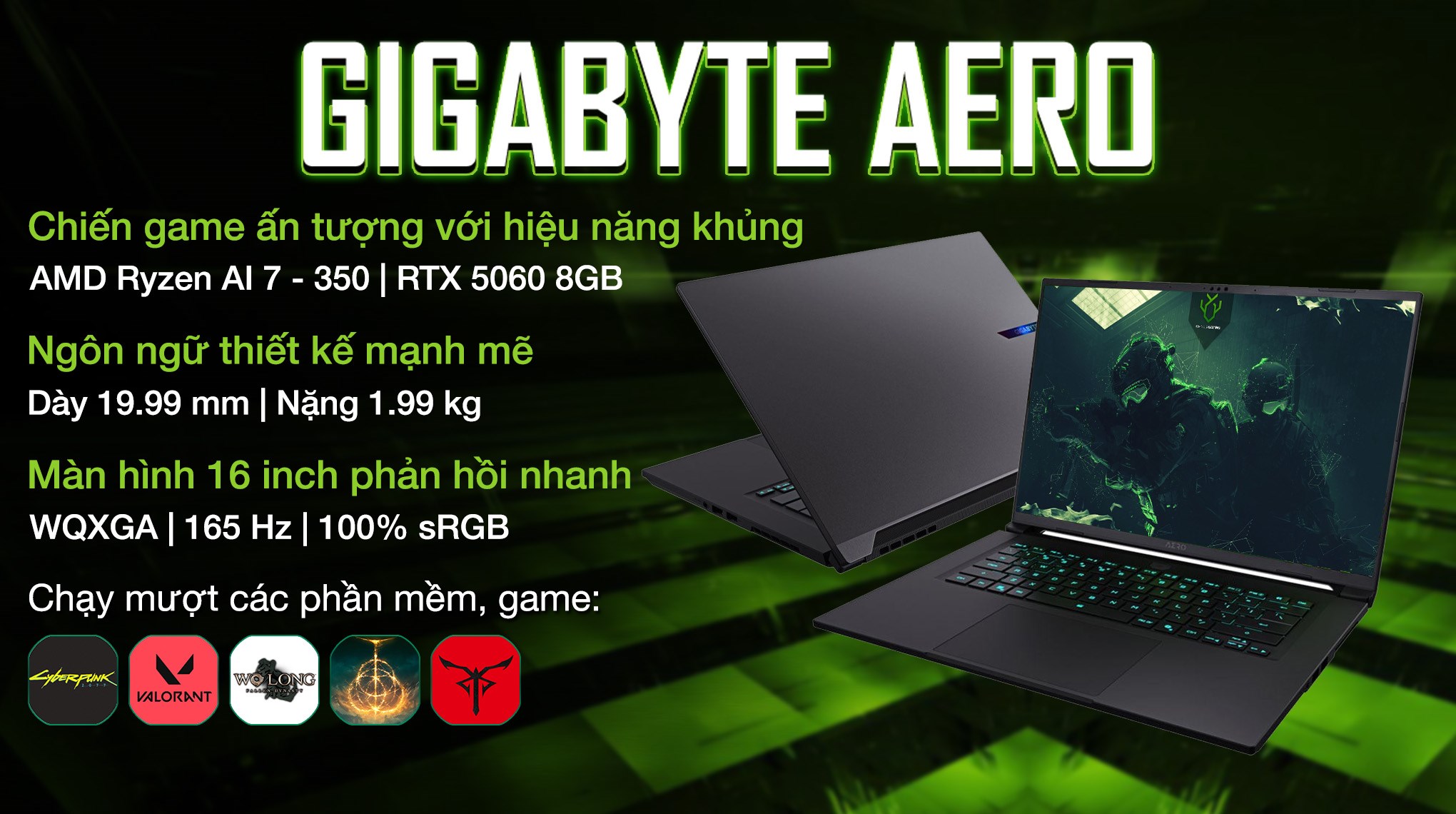 Laptop GIGABYTE Gaming AERO X16 - GIGABYTE-AERO-X161VH93VNC64AH (R7 AI 350, 32GB, 1TB, RTX5060 8GB, WQXGA 165Hz, Win11)