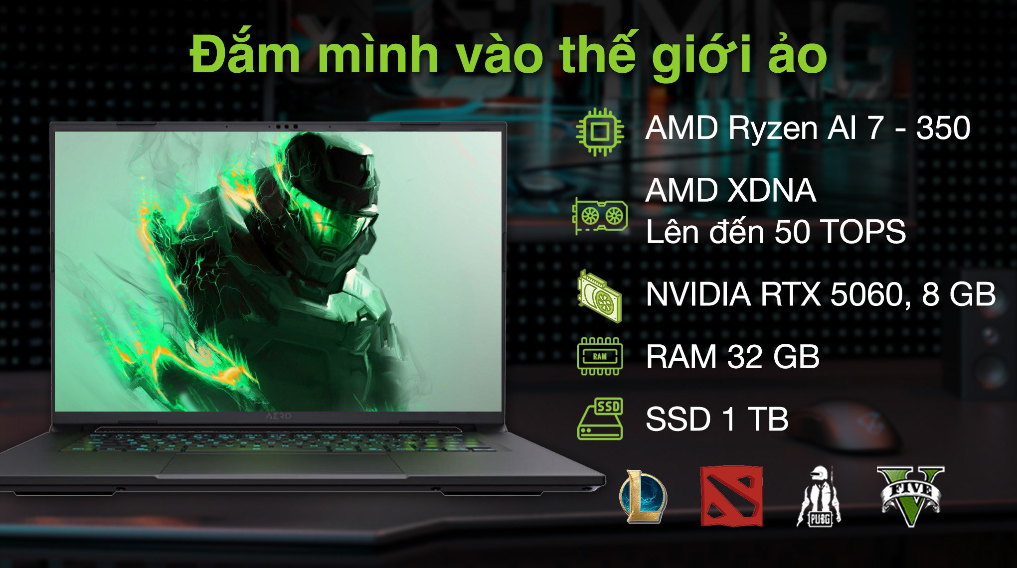 Laptop GIGABYTE Gaming AERO X16 - GIGABYTE-AERO-X161VH93VNC64AH (R7 AI 350, 32GB, 1TB, RTX5060 8GB, WQXGA 165Hz, Win11)