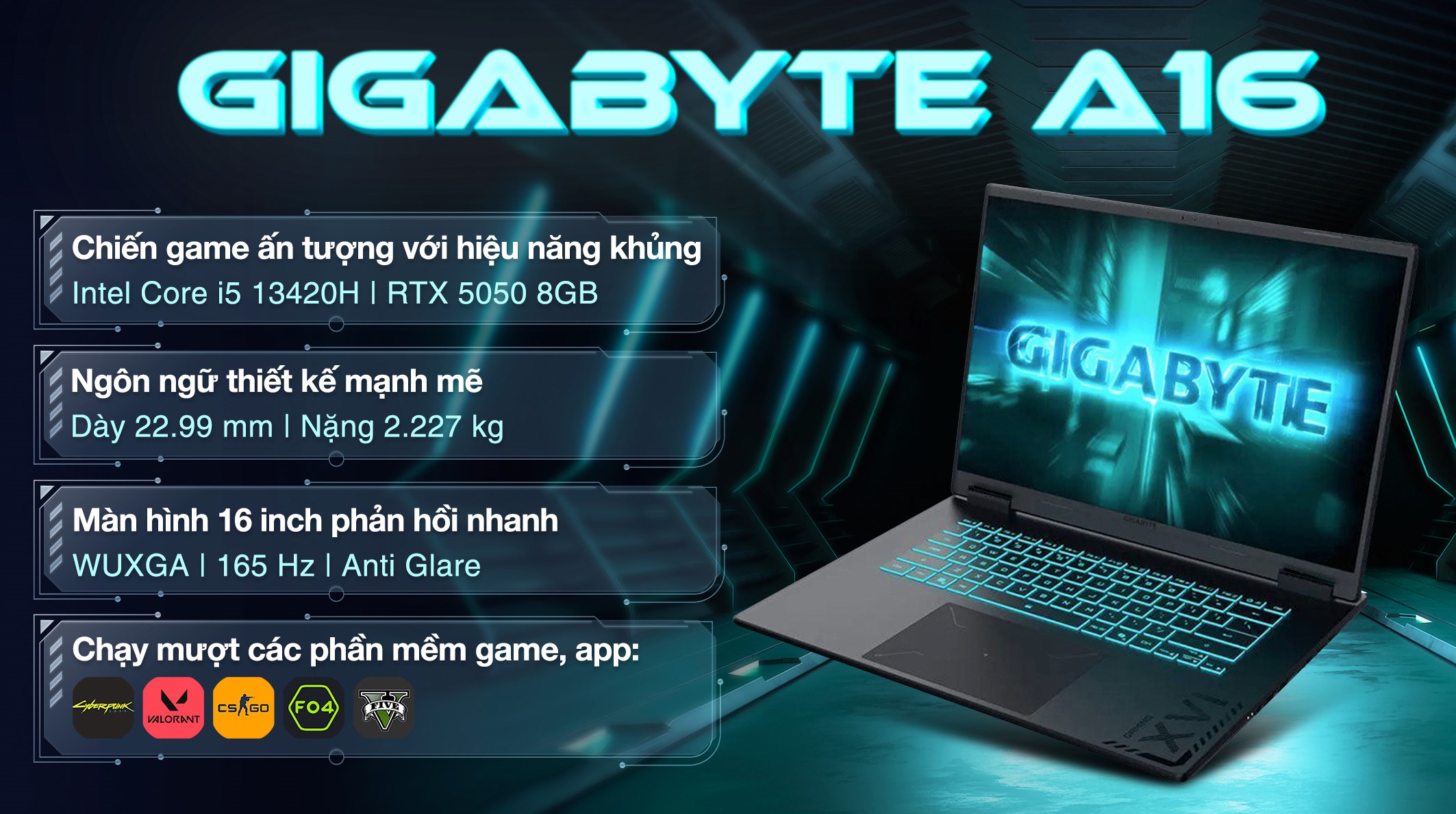 Laptop GIGABYTE Gaming A16 GA6H - GAMING-A16-CTHH3VN893SH (i5 13420H, 16GB, 512GB, RTX5050 8GB, WUXGA 165Hz, Win11)