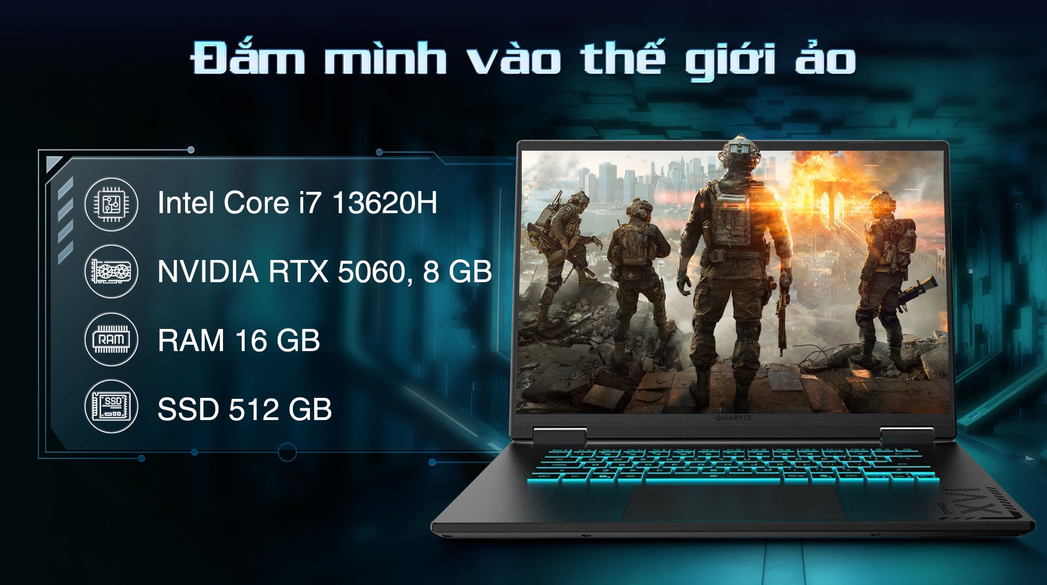 Laptop GIGABYTE Gaming A16 GA6H - GAMING-A16-CVHI3VN893SH (i7 13620H, 16GB, 512GB, RTX5060 8GB, WUXGA 165Hz, Win11)