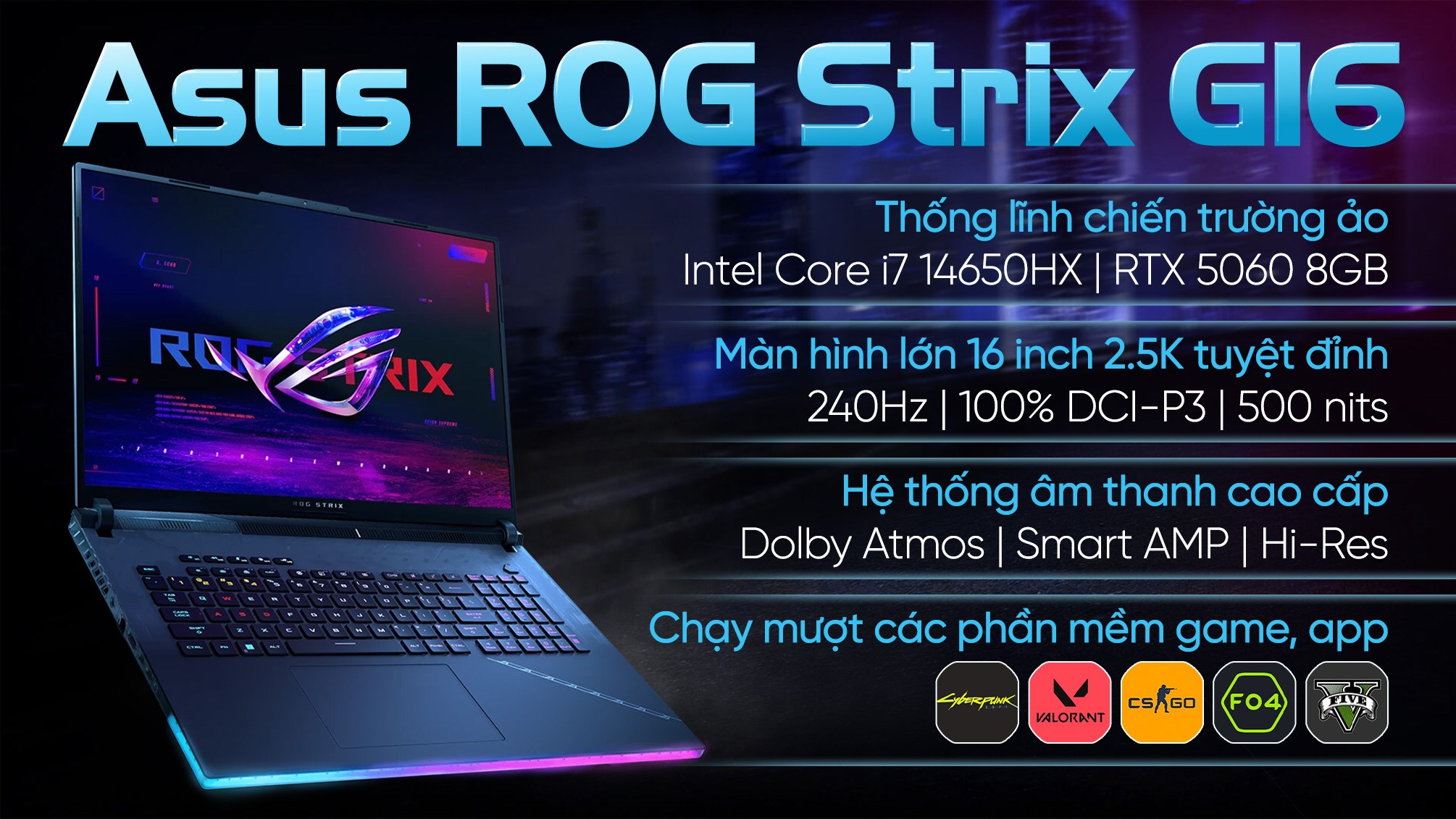 Laptop Asus Gaming ROG Strix G615JMR - S5155W (i7 14650HX, 32GB, 1TB, RTX5060 8GB, 2.5K 240Hz, Win11)