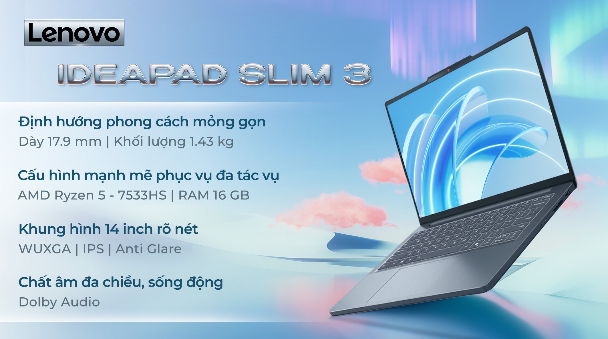 Laptop Lenovo IdeaPad Slim 3 14ARP10 - 83K6000AVN (R5 7533HS, 16GB, 512GB, WUXGA, Win11)