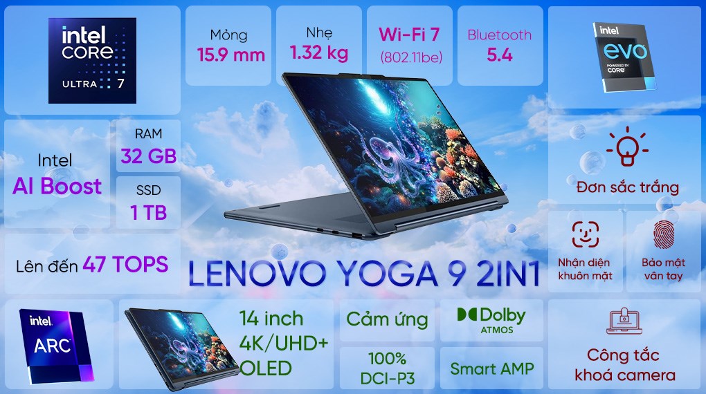 Laptop Lenovo Yoga 9 2n1 OLED 14ILL10 - 83LC002LVN (Ultra 7 258V, 32GB, 1TB, WQUXGA OLED, Cảm ứng, OfficeH24+365, Win11)