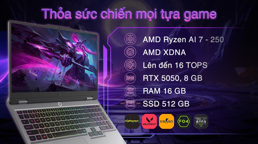 Laptop Lenovo Gaming LOQ 15AHP10 - 83JG0047VN (R7 250, 16GB, 512GB, RTX 5050 8GB, Full HD 144Hz, Win11)