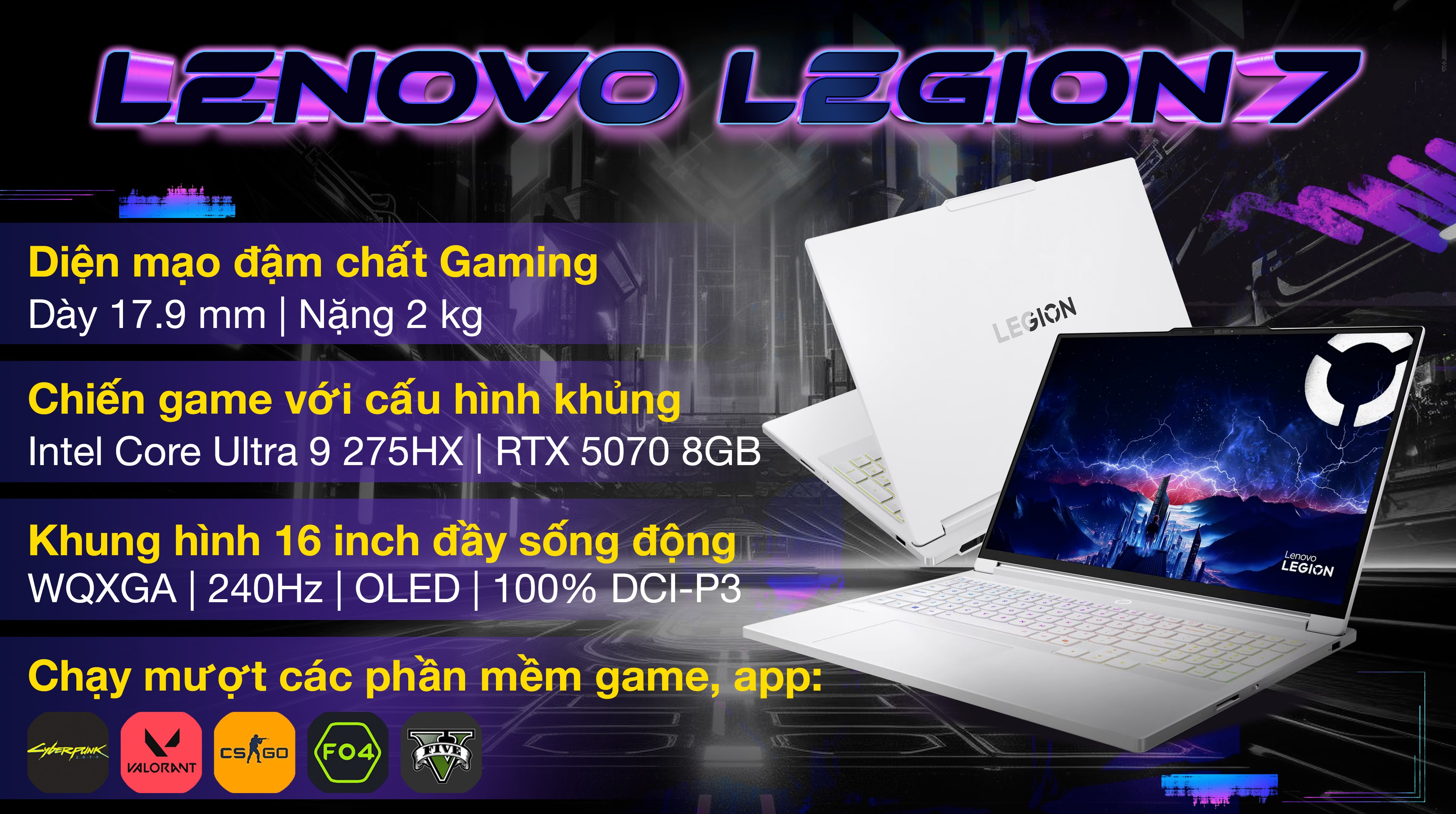 Laptop Lenovo Gaming Legion 7 16IAX10 - 83KY001VVN (Ultra 9 275HX, 32GB, 1TB, RTX 5070 8GB, WQXGA OLED 240Hz, OfficeH24, Win11)