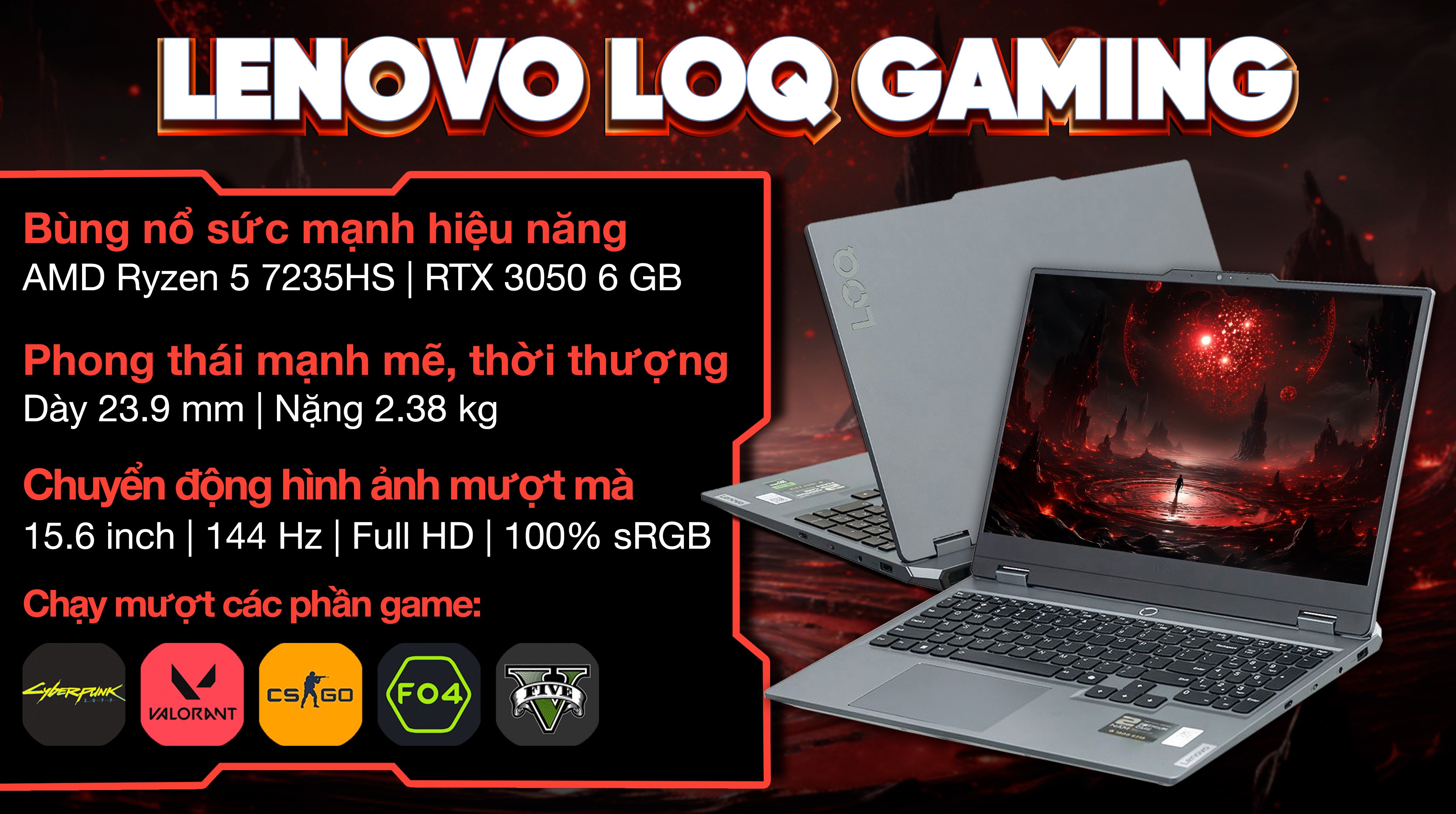 Laptop Lenovo Gaming LOQ 15ARP9 - 83JC00M3VN (R5 7235HS,16GB, 1TB, RTX 3050 6GB, Full HD 144Hz, Win11)
