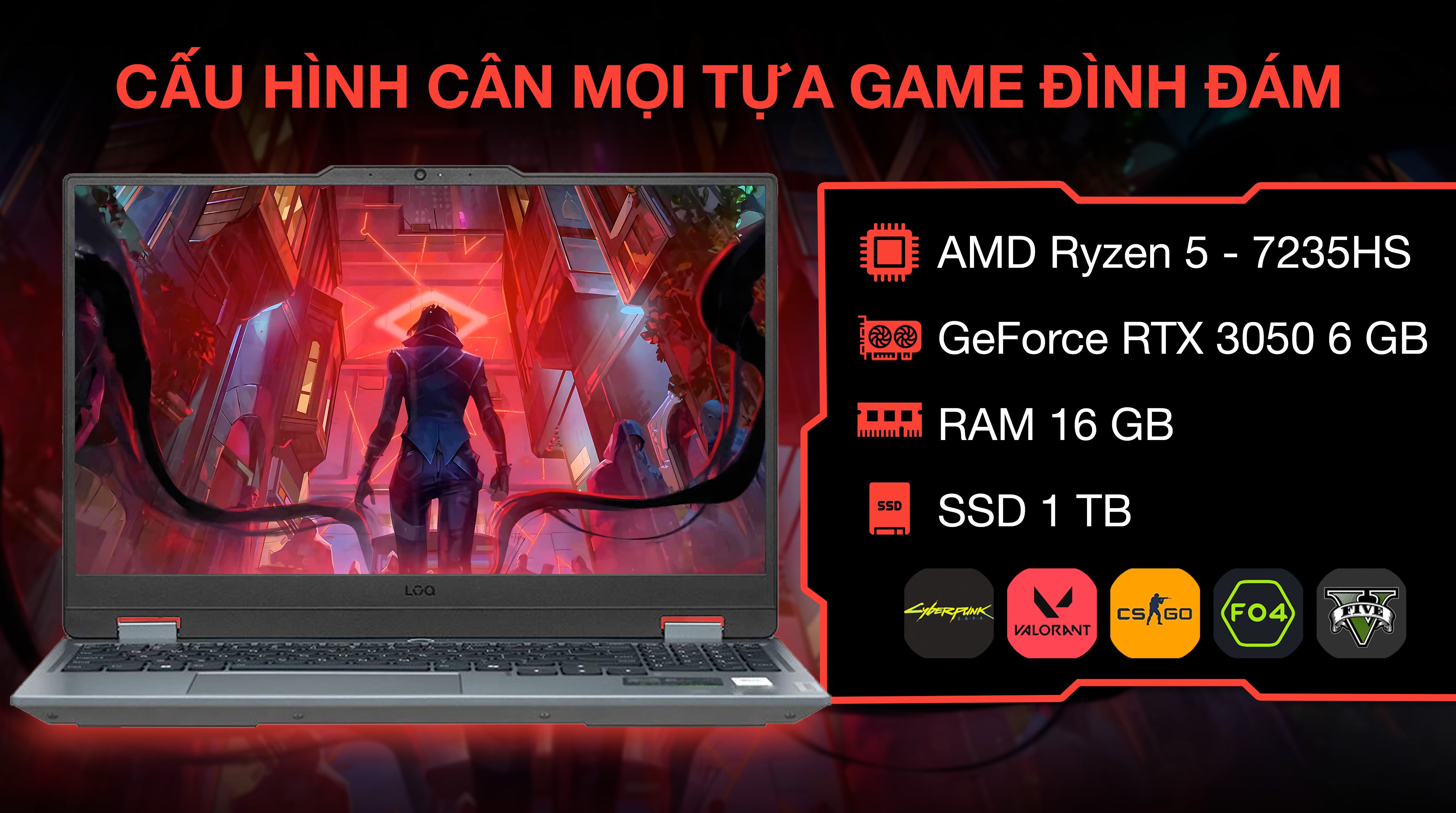 Laptop Lenovo Gaming LOQ 15ARP9 - 83JC00M3VN (R5 7235HS,16GB, 1TB, RTX 3050 6GB, Full HD 144Hz, Win11)