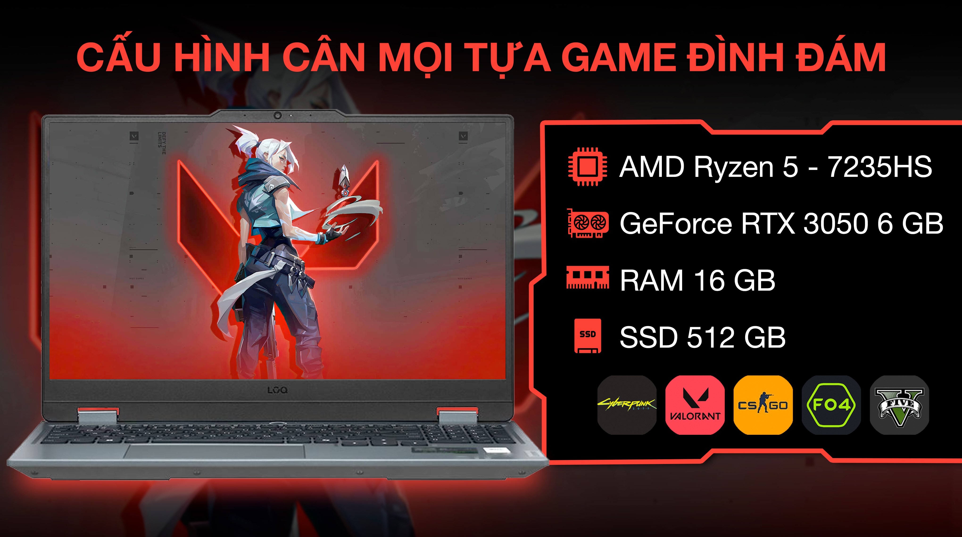 Laptop Lenovo Gaming LOQ 15ARP9 - 83JC00LVVN (R5 7235HS, 16GB, 512GB, RTX 3050 6GB, Full HD 144Hz, Win11)