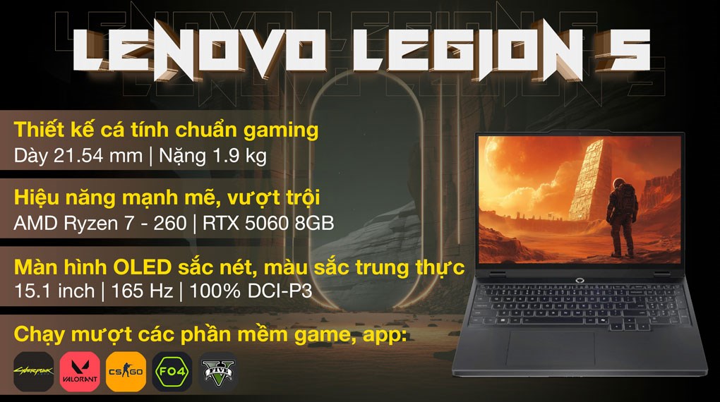Laptop Lenovo Gaming Legion 5 15AHP10 - 83M00030VN (R7 260, 24GB, 1TB, RTX 5060 8GB, WQXGA OLED 165Hz, OfficeH24, Win11)