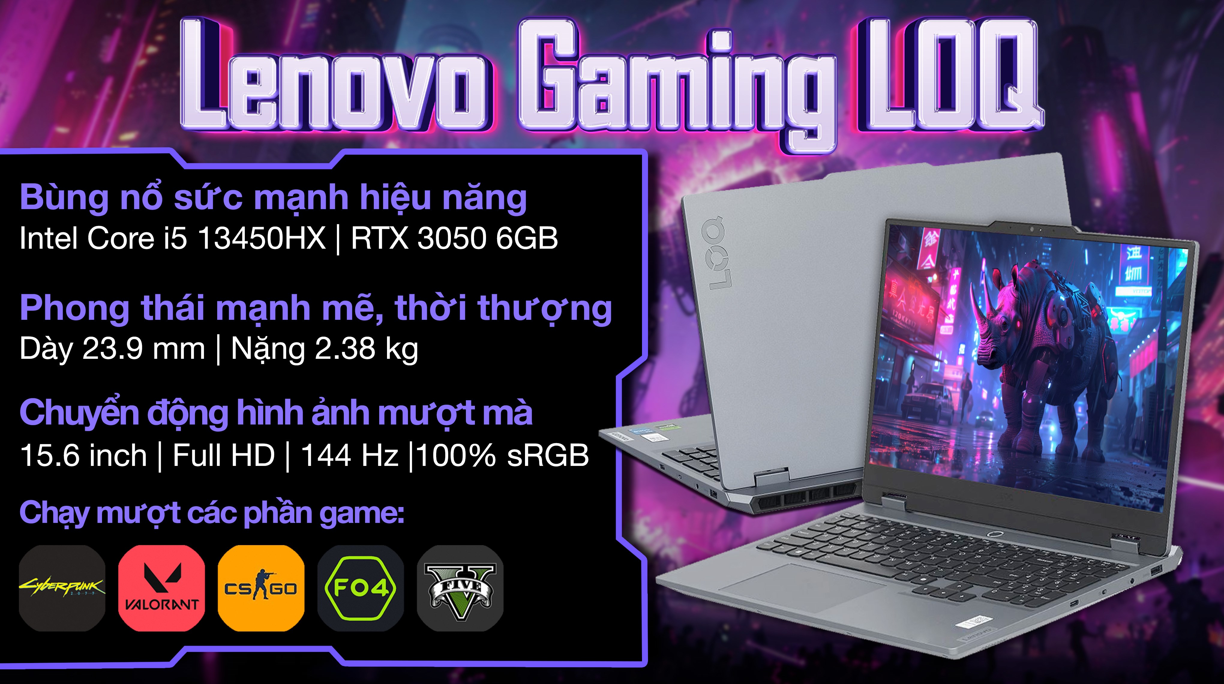 Laptop Lenovo Gaming LOQ 15IRX9 - 83DV01ANVN (i5 13450HX, 16GB, 1TB, RTX 3050 6GB, Full HD 144Hz, Win11)