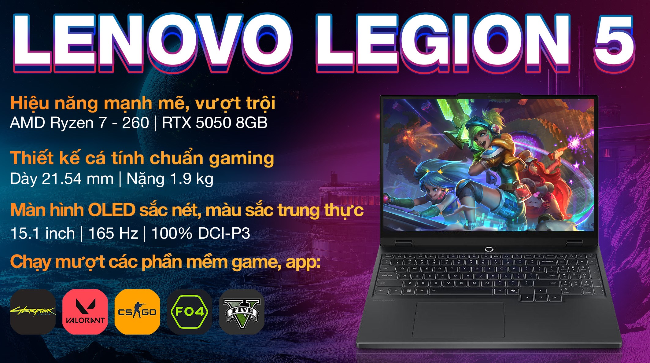 Laptop Lenovo Gaming Legion 5 15AHP10 - 83M0002YVN (R7 260, 16GB, 512GB, RTX 5050 8GB, WQXGA OLED 165Hz, Win11)