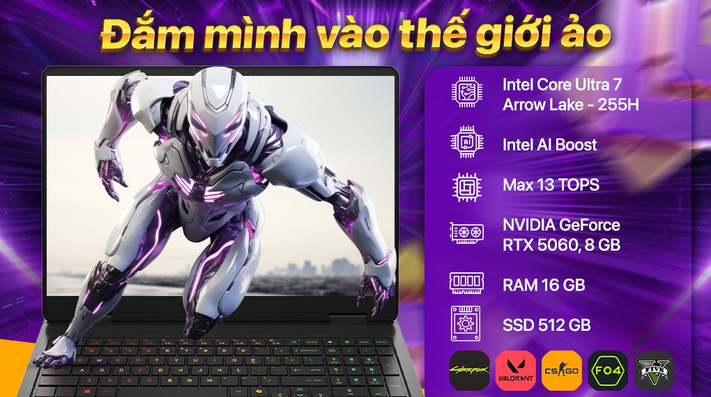 Laptop HP Gaming OMEN 16 am0176TX - BX9D3PA (Ultra 7 255H, 16GB, 512GB, RTX 5060 8GB, WUXGA 165Hz, Win11)