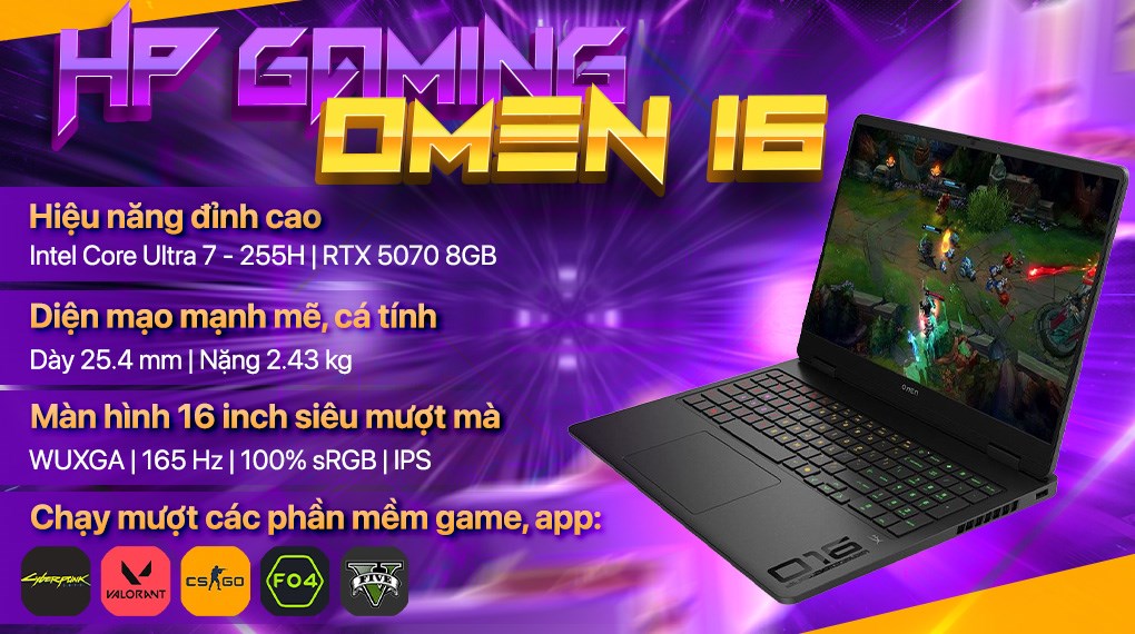 Laptop HP Gaming OMEN 16 am0129TX - BX9D1PA (Ultra 7 255H, 32GB, 512GB, RTX 5070 8GB, WUXGA 165Hz, Win11)