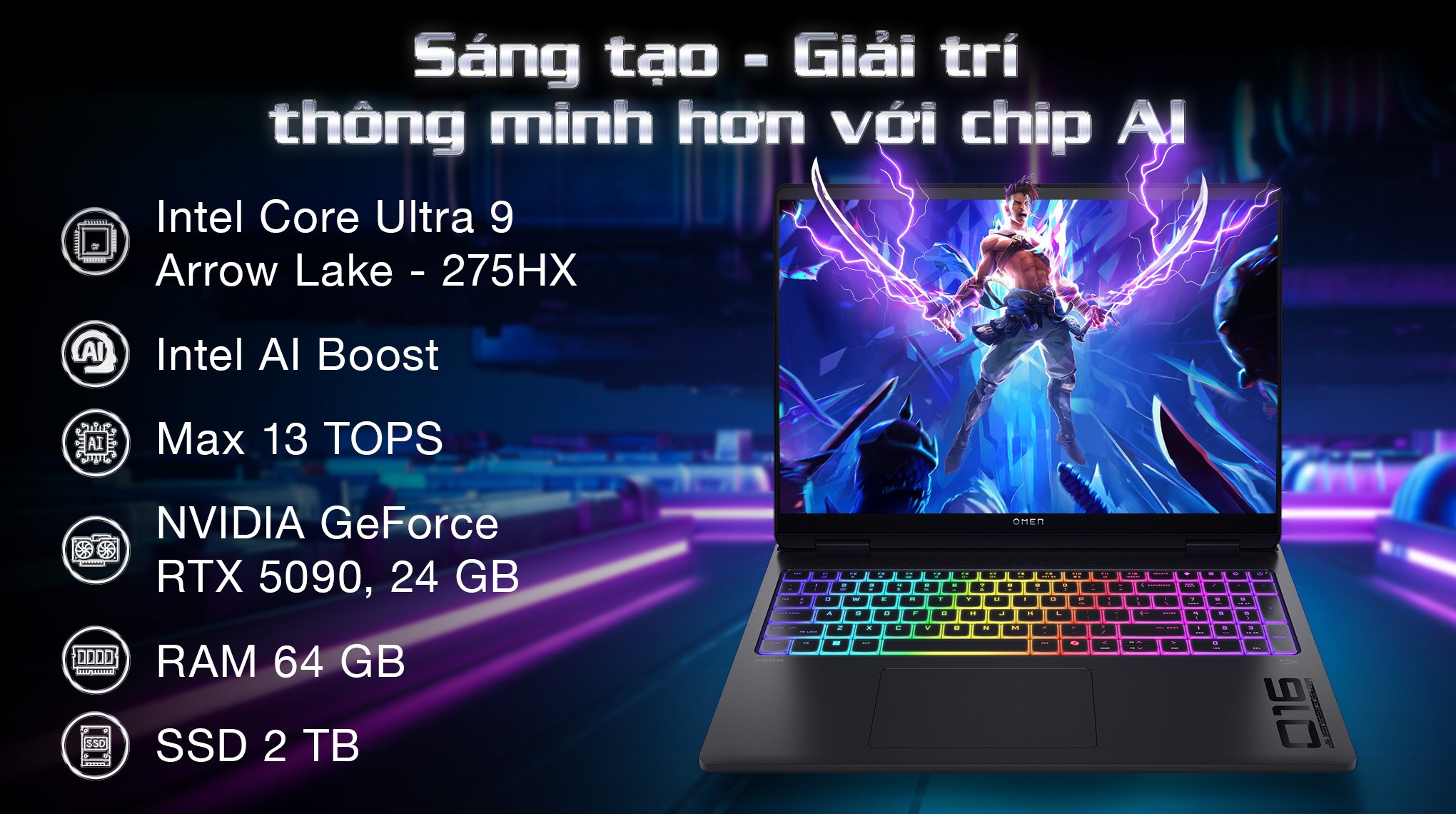 Laptop HP Gaming OMEN Max 16 ah0212TX - C1WR1PA (Ultra 9 275HX, 64GB, 2TB, RTX 5090 24GB, WQXGA OLED 240Hz, OfficeH24, Win11)