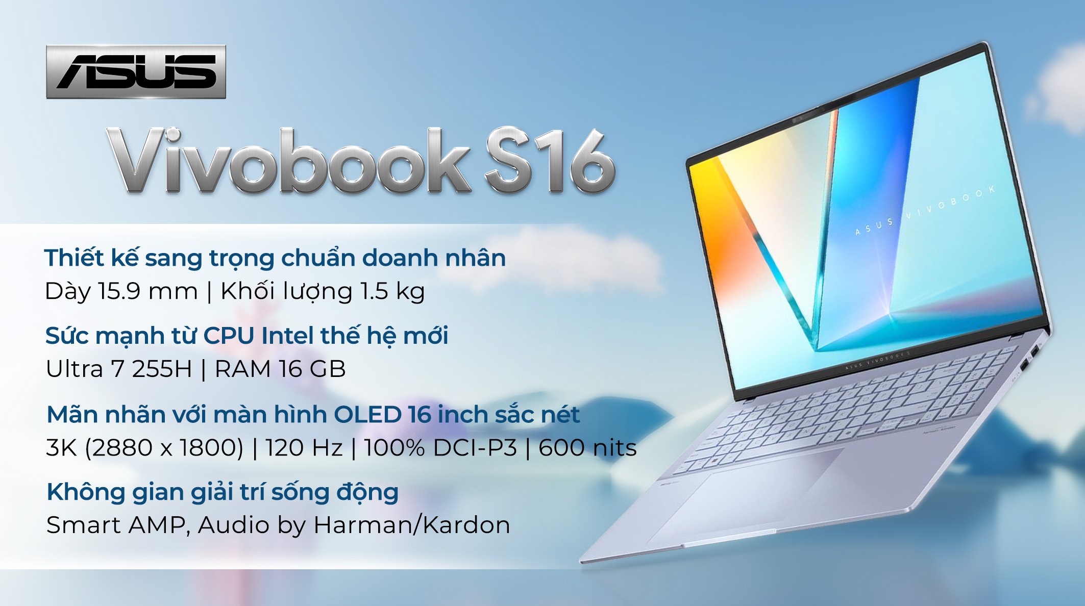 Laptop Asus Vivobook S16 S5606CA - RI171WS (Ultra 7 255H, 16GB, 512GB, 3K OLED 120Hz, OfficeH24+365, Win11)