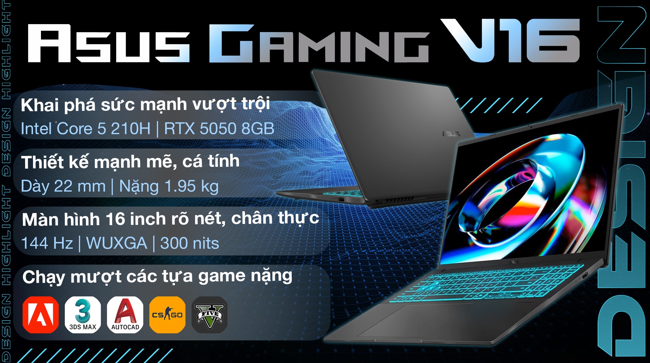 Laptop Asus Gaming V16 V3607VH - RP084W (Core 5 210H, 16GB, 512GB, RTX 5050 8GB, WUXGA 144Hz, Win11)
