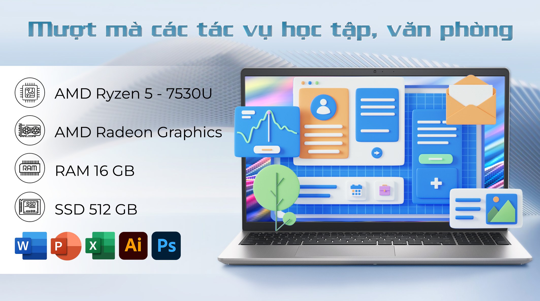 Laptop Dell 15 DC15255 - DC5R5802W1 (R5 7530U, 16GB, 512GB, Full HD 120Hz, OfficeH24+365, Win11)