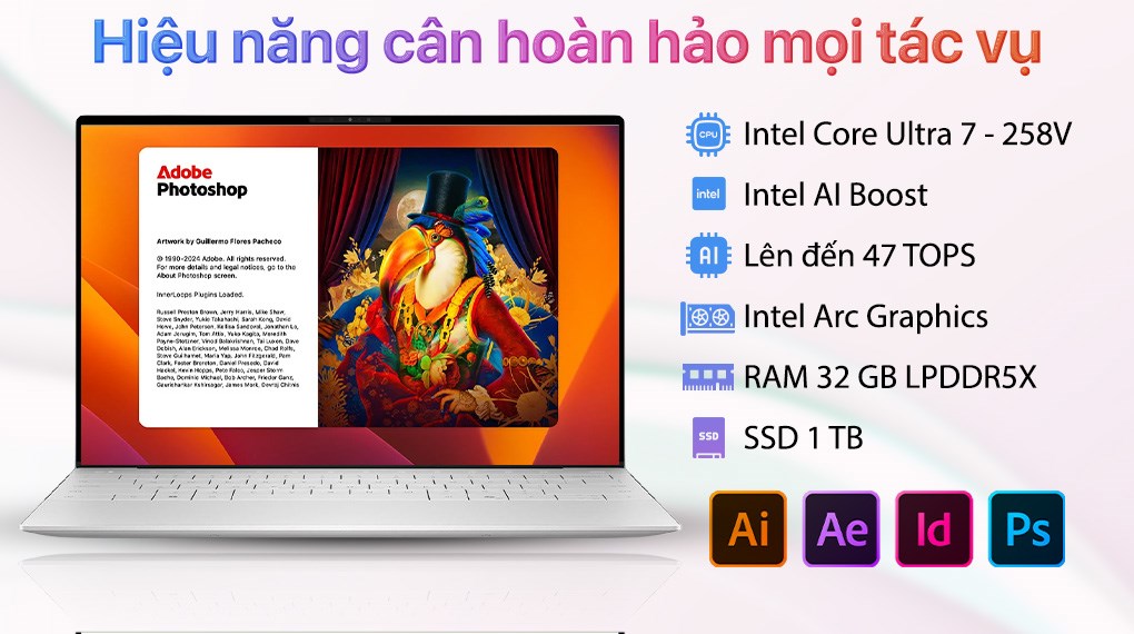 Laptop Dell XPS 13 9350 - PP9H1 (Ultra 7 258V, 32GB, 1TB, 2.5K+ 120Hz, Cảm ứng, OfficeH24+365, Win11)