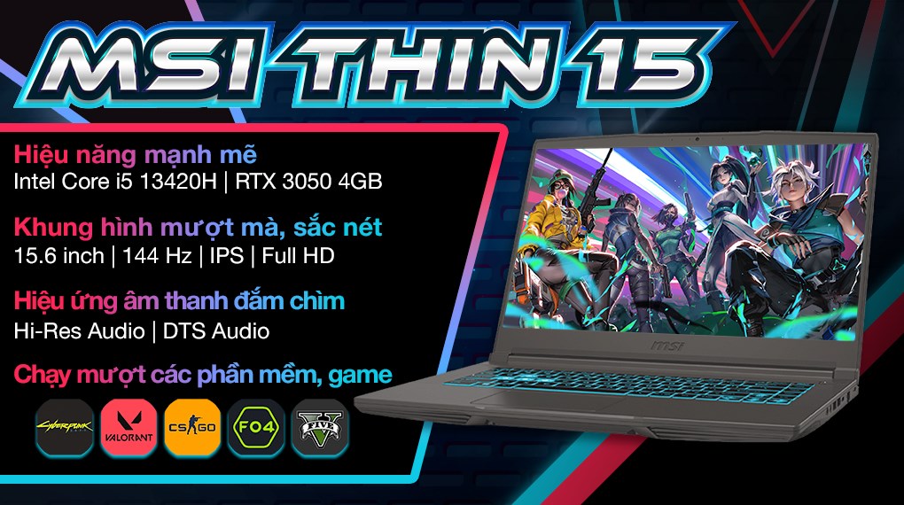 Laptop MSI Gaming Thin 15 B13UC - 3247VN_16GB (i5 13420H, 16GB, 512GB, RTX 3050 4GB, Full HD 144Hz, Win11)
