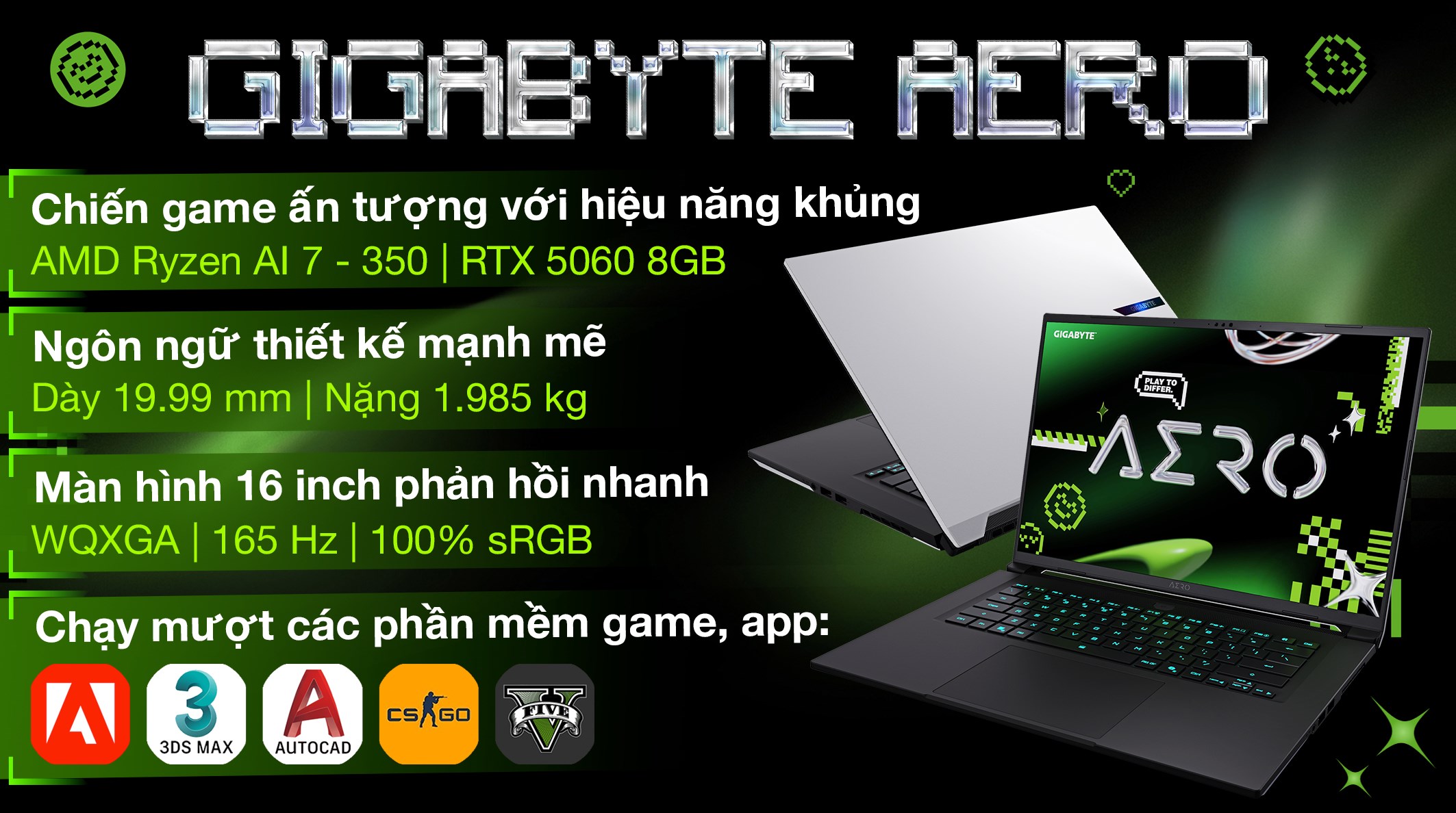 Laptop GIGABYTE Gaming AERO X16 - GIGABYTE-AERO-X16-1VH93VNC94DH (R7 AI 350, 16GB, 1TB, RTX 5060 8GB, WQXGA 165Hz,Win11)
