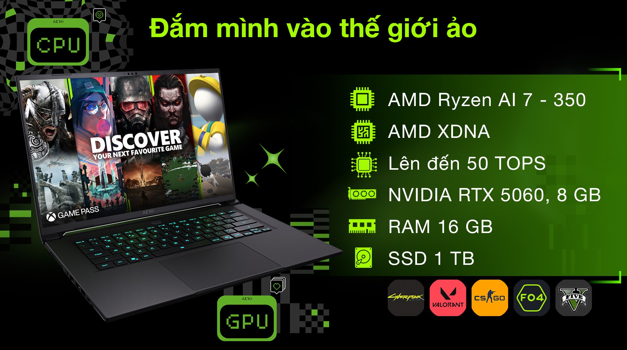 Laptop GIGABYTE Gaming AERO X16 - GIGABYTE-AERO-X16-1VH93VNC94DH (R7 AI 350, 16GB, 1TB, RTX 5060 8GB, WQXGA 165Hz,Win11)