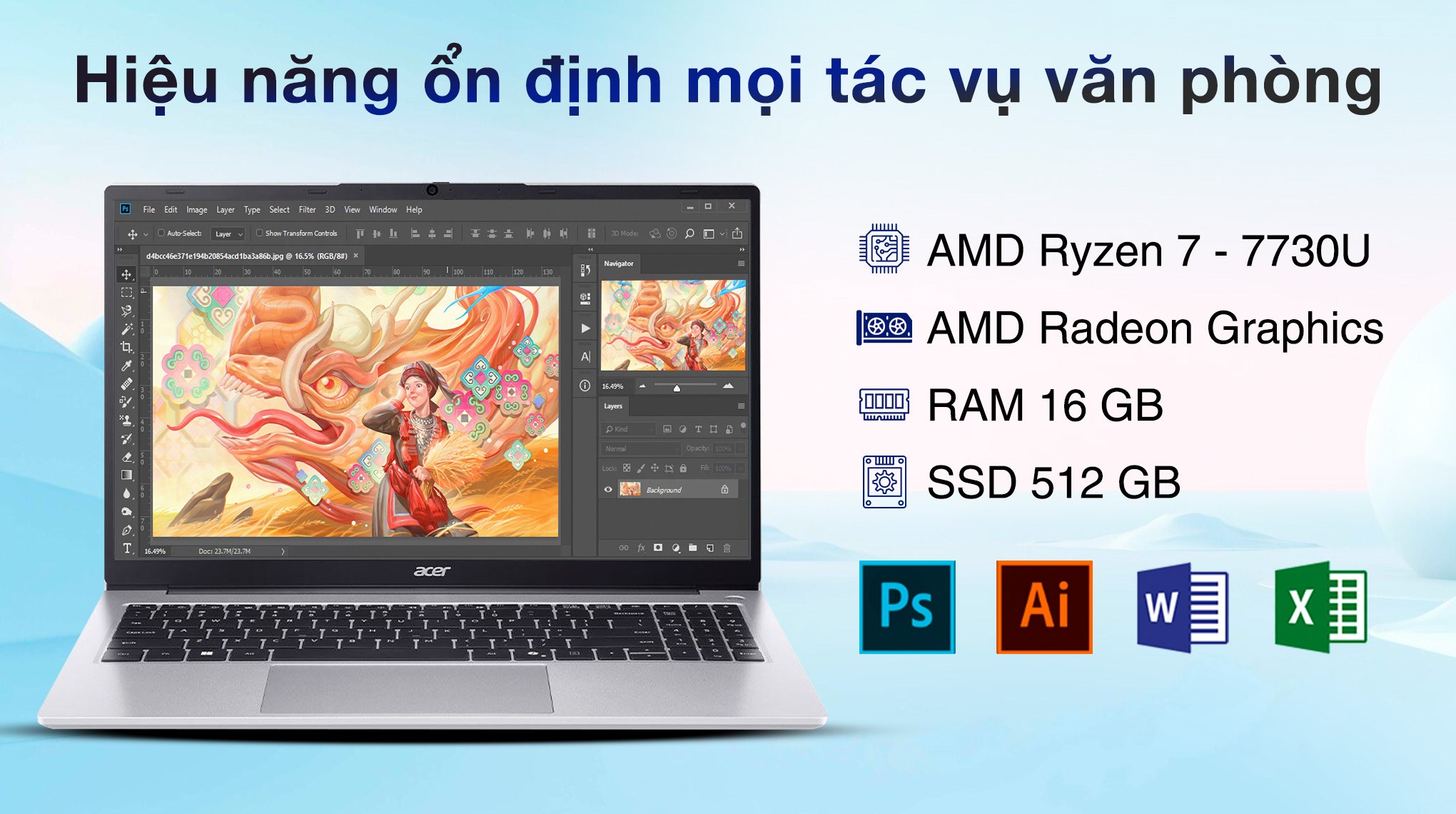 Laptop Acer Aspire Lite 15 AL15 42P R08M - NX.D3QSV.001 (R7 7730U, 16GB, 512GB, Full HD, OfficeH24+365, Win11)