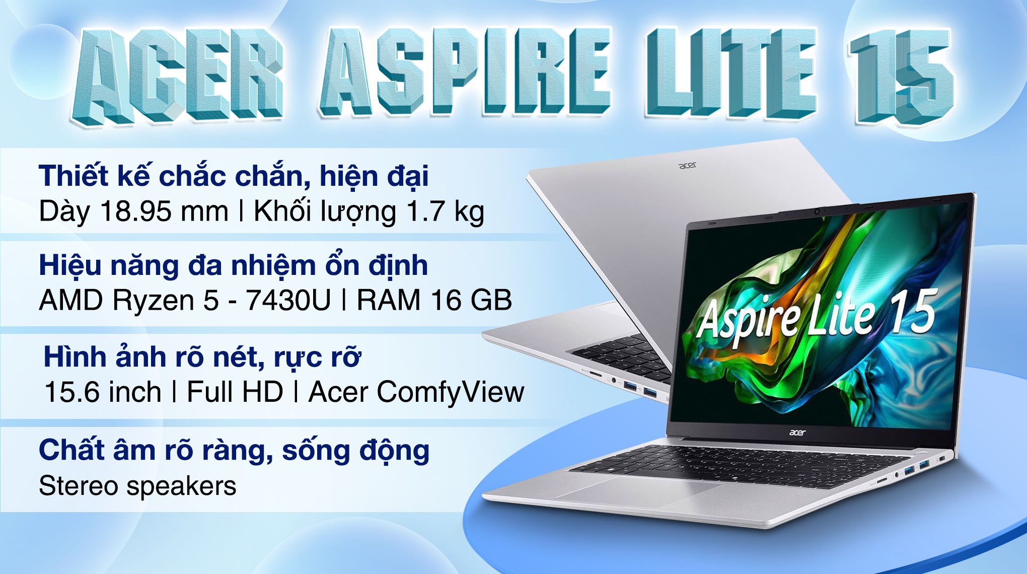 Laptop Acer Aspire Lite 15 AL15 42P R8E6 - NX.D34SV.001 (R5 7430U, 16GB, 512GB, Full HD, OfficeH24+365, Win11)