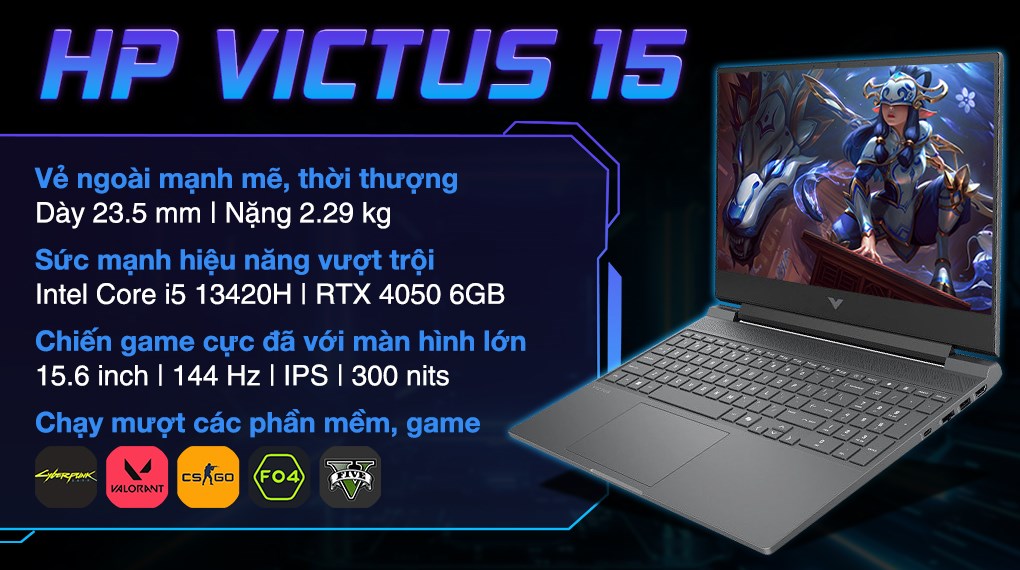 Laptop HP Gaming VICTUS 15 fa2732TX - B85LPPA (i5 13420H, 16GB, 512GB, RTX 4050 6GB, FHD 144Hz, Win11)