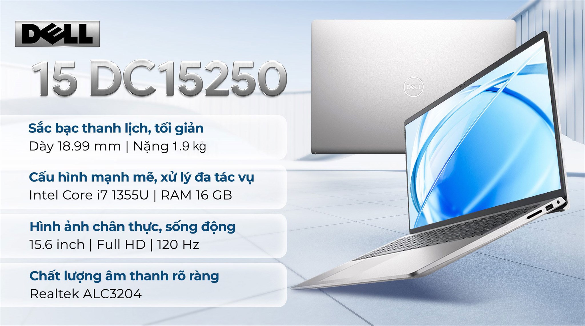 Laptop Dell 15 DC15250 - DC15250-i7U161W11SLU (i7 1355U, 16GB, 1TB, Full HD 120Hz, OfficeH24+365, Win11)