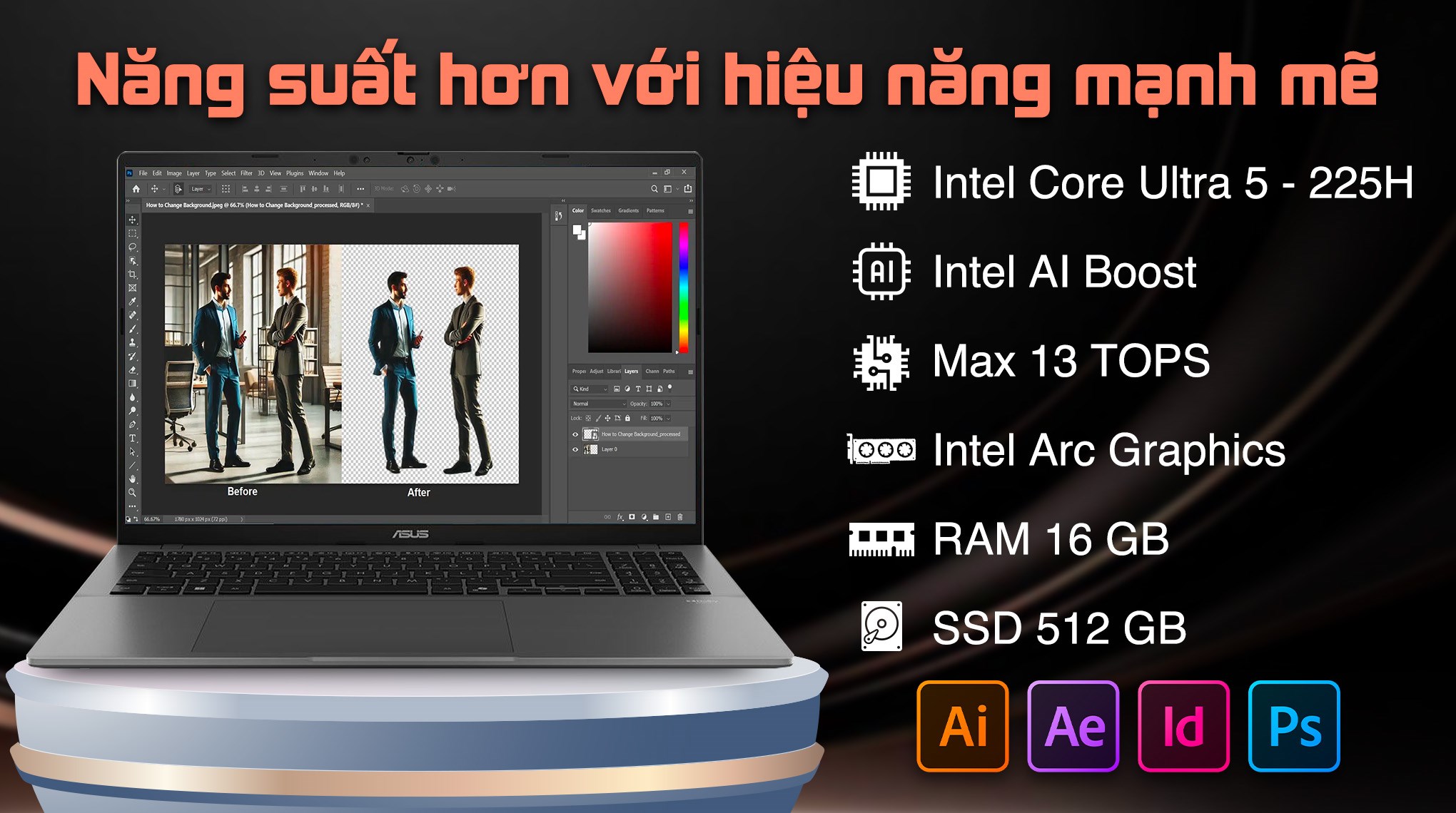 Laptop Asus Vivobook S16 S3607CA - SH082WS (Ultra 5 225H, 16GB, 512GB, Full HD OLED, OfficeH24+365, Win11)