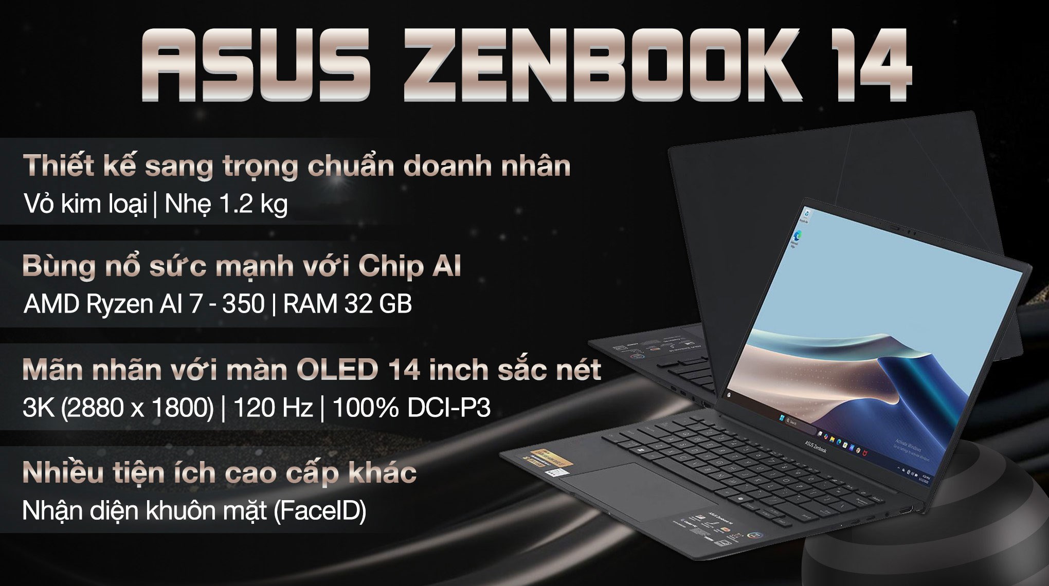 Laptop Asus Zenbook 14 UM3406KA - PP590WS (R7 AI 350, 32GB, 1TB, 3K OLED, 120Hz, OfficeH24+365, Win11)