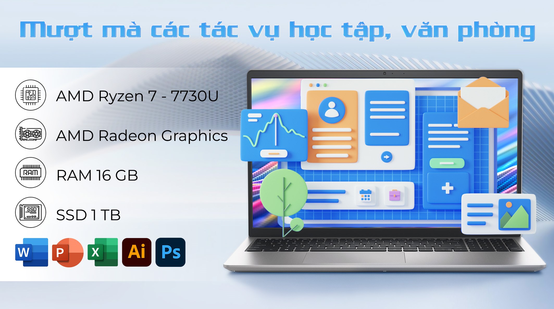 Laptop Dell 15 DC15255 - X9YM41 (R7 7730U, 16GB, 1TB, Full HD 120Hz, OfficeH24+365B, Win11)