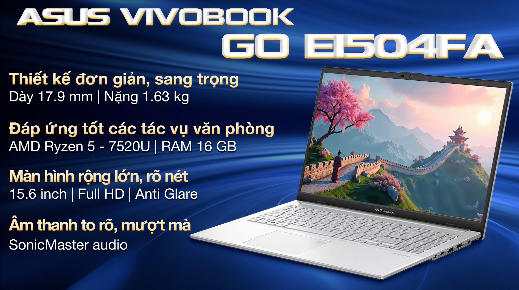 Laptop Asus Vivobook Go E1504FA - BQ1160W (R5 7520U, 16GB, 512GB, Full HD, Win11)