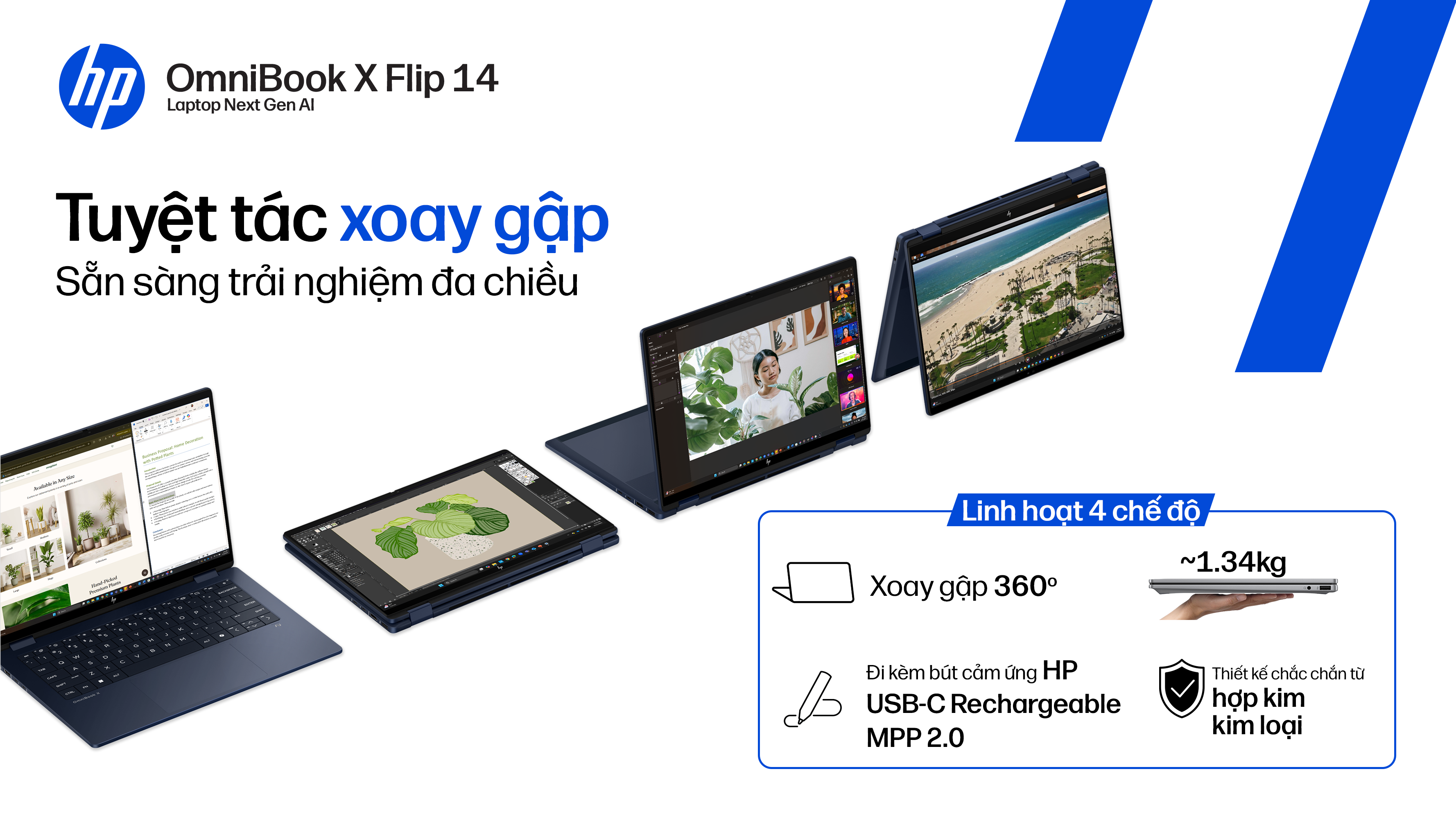 Laptop HP OmniBook X Flip 14 fk0092AU - BZ7P5PA (R5 AI 340, 16GB, 512GB, WUXGA, Cảm ứng, OfficeH24, Win11) chính hãng tại VietITPro Thủ Đức