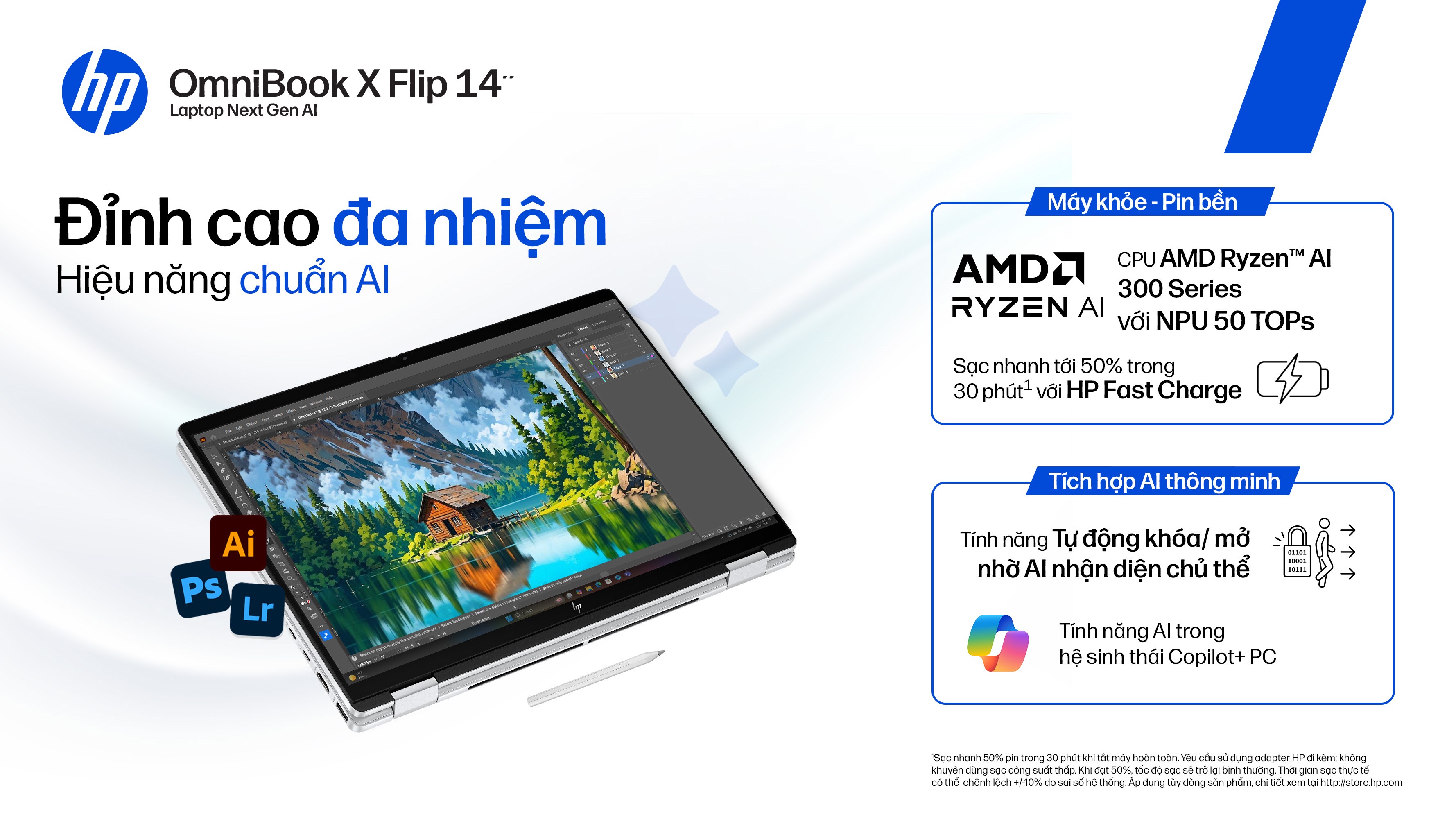 Chi tiết tính năng Laptop HP OmniBook X Flip 14 fk0092AU - BZ7P5PA (R5 AI 340, 16GB, 512GB, WUXGA, Cảm ứng, OfficeH24, Win11)