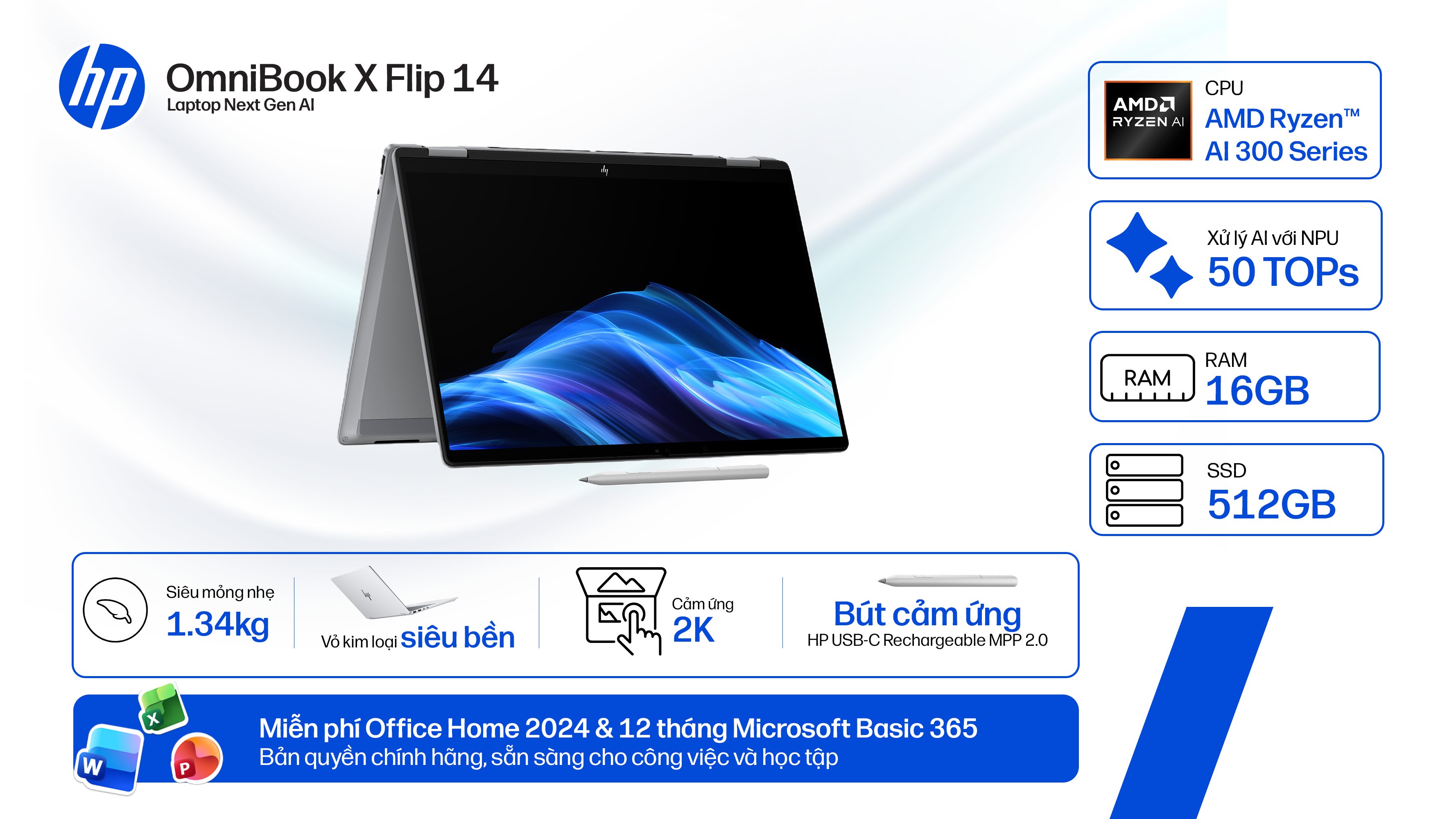 Cạnh máy Laptop HP OmniBook X Flip 14 fk0092AU - BZ7P5PA (R5 AI 340, 16GB, 512GB, WUXGA, Cảm ứng, OfficeH24, Win11)