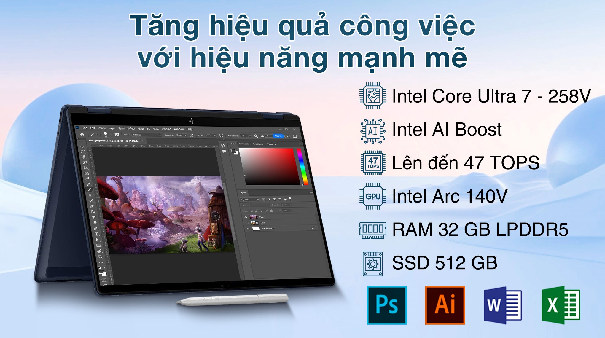 Laptop HP OmniBook X Flip 14 fm0076TU - BZ7P6PA (Ultra 7 258V, 32GB, 512GB, WUXGA, Cảm ứng, OfficeH24, Win11)